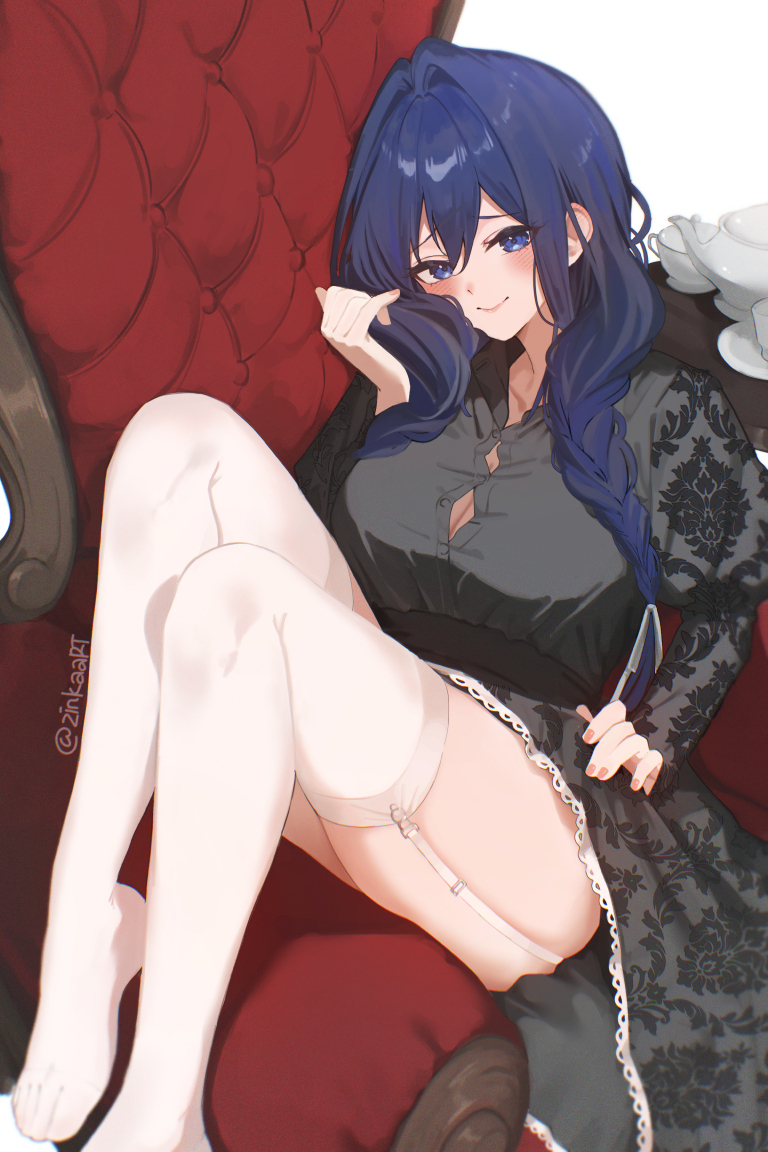 zinkaa, ouro kronii, ouro kronii (maid), hololive, hololive english, 1girl, black dress, blue eyes, blue hair, braid, breasts, cleavage, closed mouth, cup, dress, garter straps, hair intakes, large breasts, long hair, low twin braids, official alternate costume, sitting, smile, solo, teacup, teapot, thighhighs, twin braids, virtual youtuber, white thighhighs