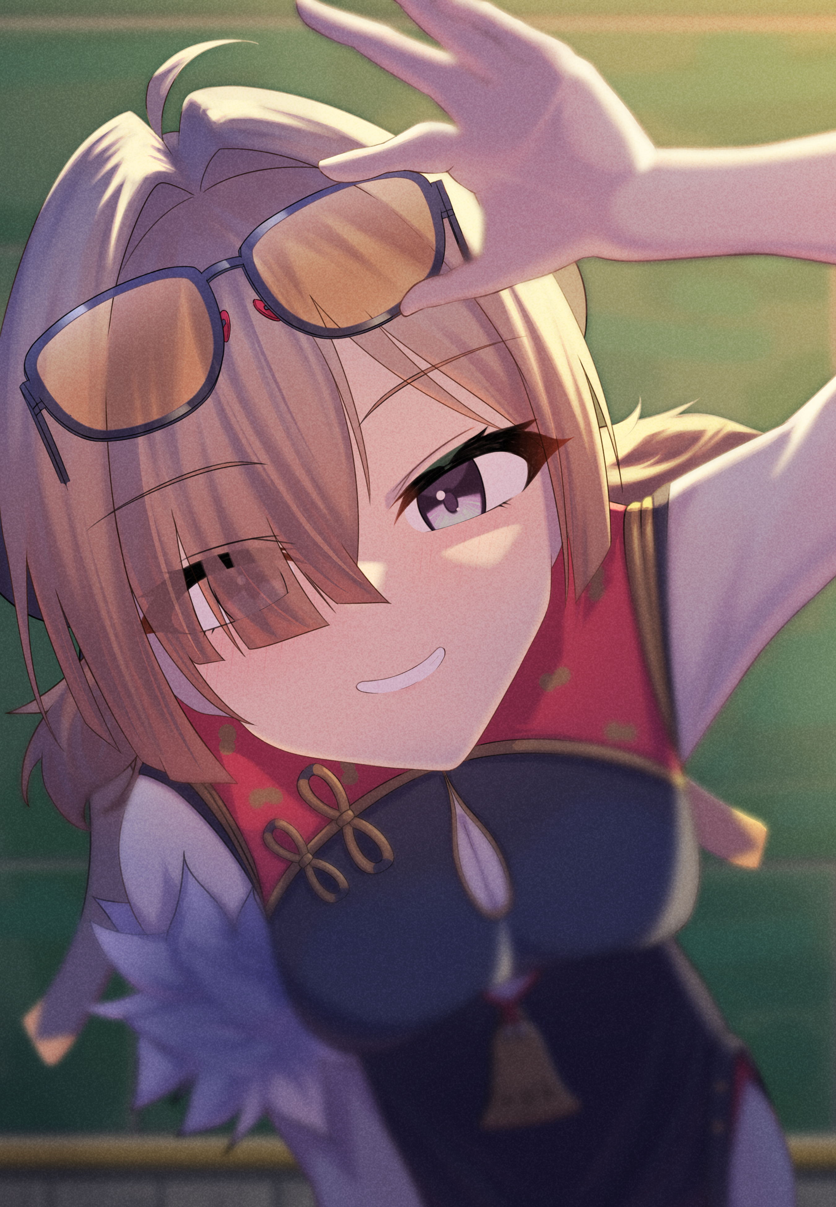 sweety (zenless zone zero), zenless zone zero, absurdres, highres, 1girl, bare shoulders, black dress, blonde hair, china dress, chinese clothes, dress, grey eyes, hair over one eye, long hair, looking at viewer, one eye covered, red dress, thighs, twintails, two-tone dress, user cpjn3822
