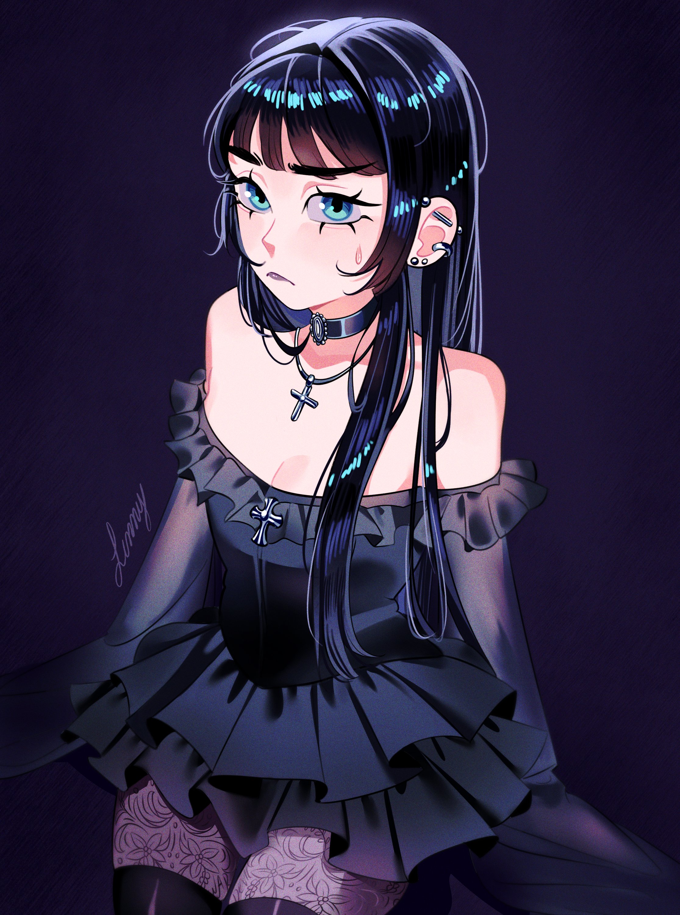 mitaka asa, chainsaw man, absurdres, commentary, english commentary, highres, 1girl, barbell piercing, black choker, black dress, black hair, blue eyes, breasts, choker, closed mouth, cogumelodejeans, cross, cross necklace, dress, ear piercing, jewelry, lace pantyhose, long hair, necklace, piercing, small breasts, solo, sweatdrop