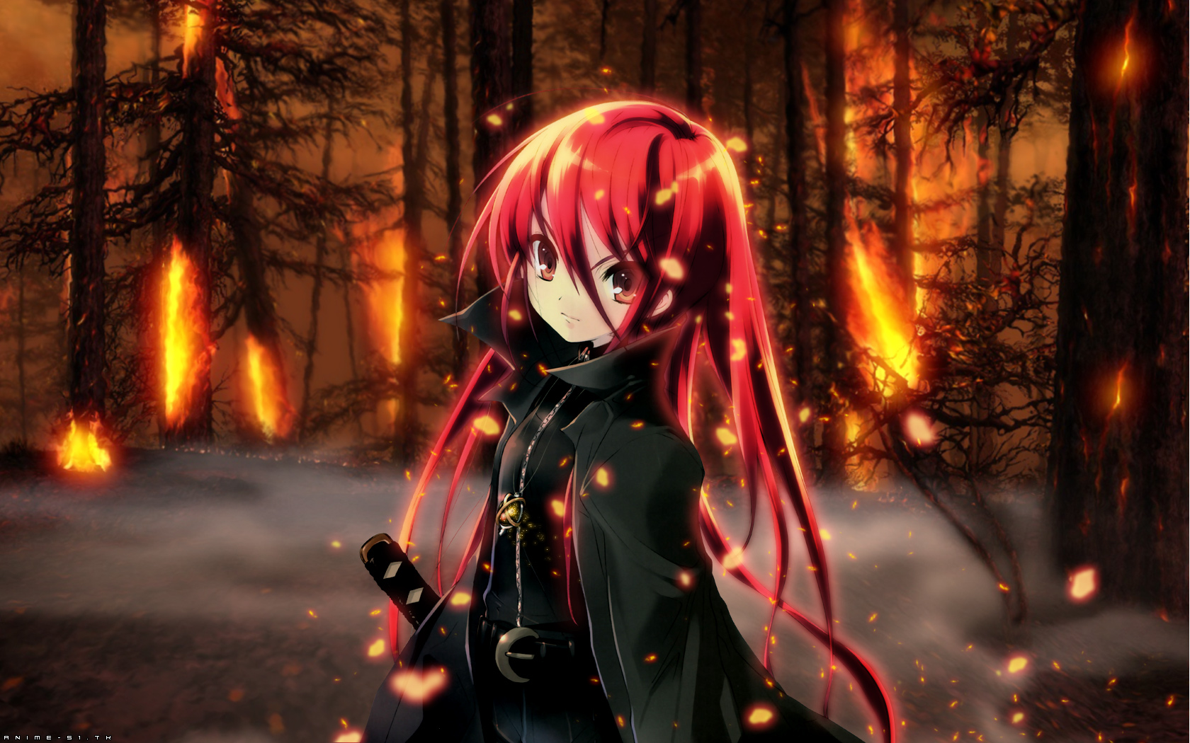 ito noizi, alastor (shakugan no shana), shana, shakugan no shana, highres, official art, official wallpaper, 00s, 1girl, coat, female focus, fire, jewelry, long hair, pendant, red hair, smile, solo, sword, tree, weapon