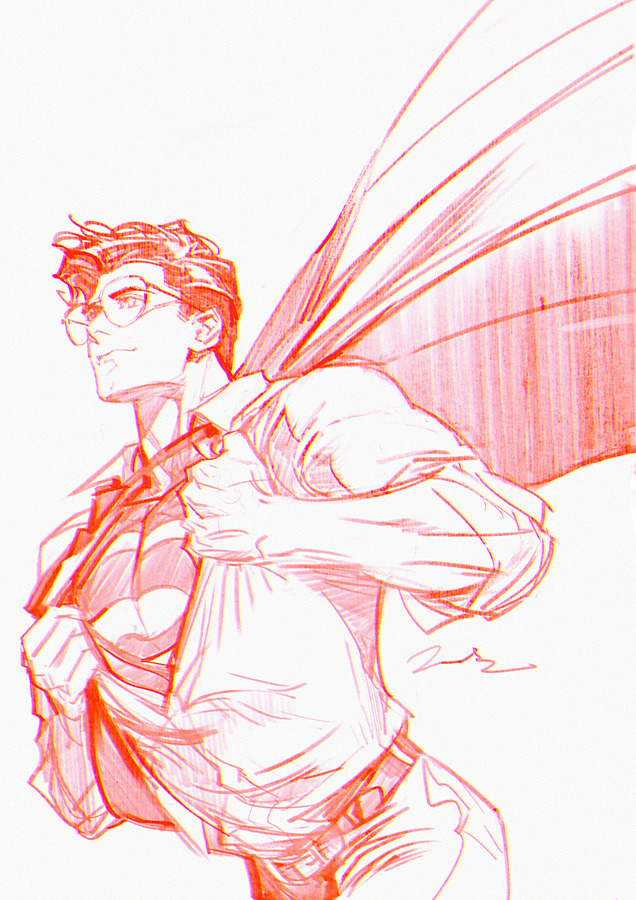 juneseo, clark kent, superman, dc comics, superman (series), commentary, 1boy, arms up, belt, cape, closed mouth, collared shirt, cowboy shot, glasses, long sleeves, looking ahead, male focus, monochrome, necktie, open clothes, open shirt, pants, shirt, shirt tucked in, short hair, short sideburns, signature, simple background, sketch, smile, superman logo, white background, wing collar
