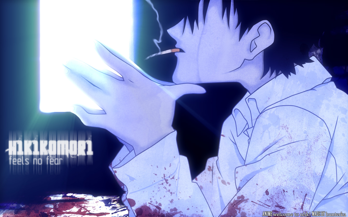 satou tatsuhiro, nhk ni youkoso!, official art, tagme, 00s, 1boy, black hair, blood, cigarette, hikikomori, neet, shirt, short hair, smoking, text focus, white shirt