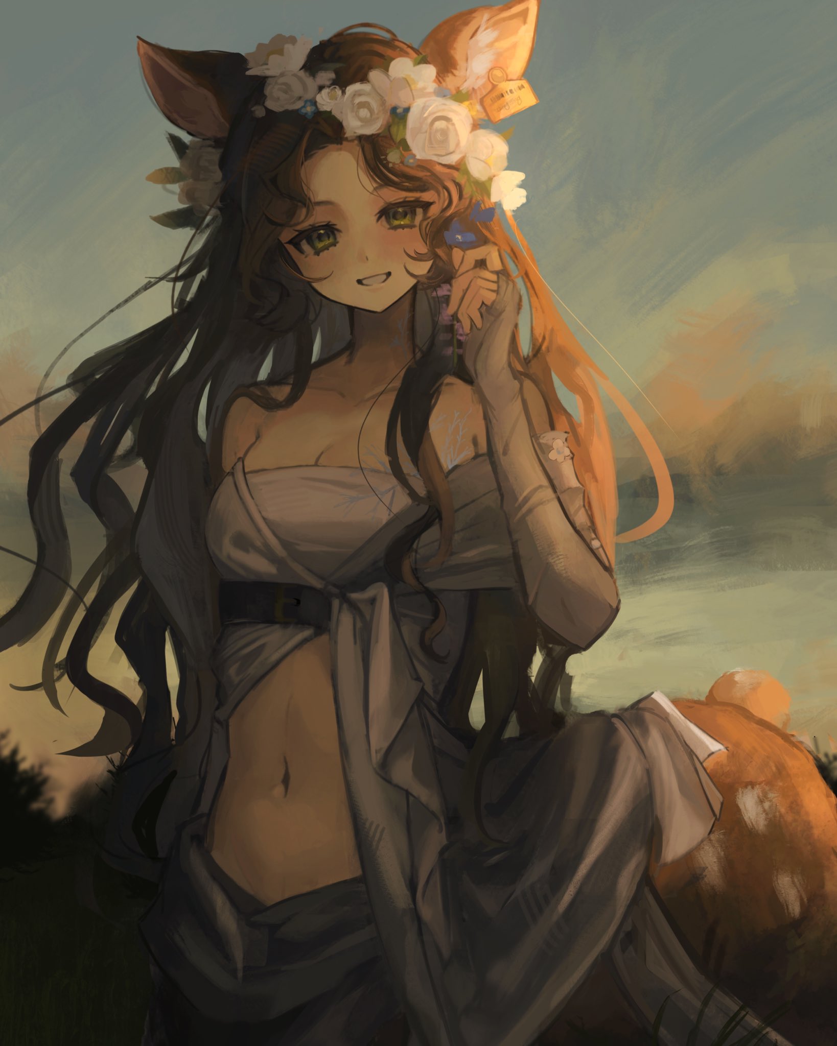 jessica (reverse:1999), reverse:1999, highres, 1girl, animal ears, bare shoulders, blue background, brown hair, centauroid, deer ears, deer girl, deer tail, ear tag, flower, flower wreath, green eyes, grin, hand up, head wreath, long hair, looking at viewer, midriff, navel, off-shoulder shirt, off shoulder, shirt, smile, solo, tail, taur, upper body, white flower, white shirt, zarasususu
