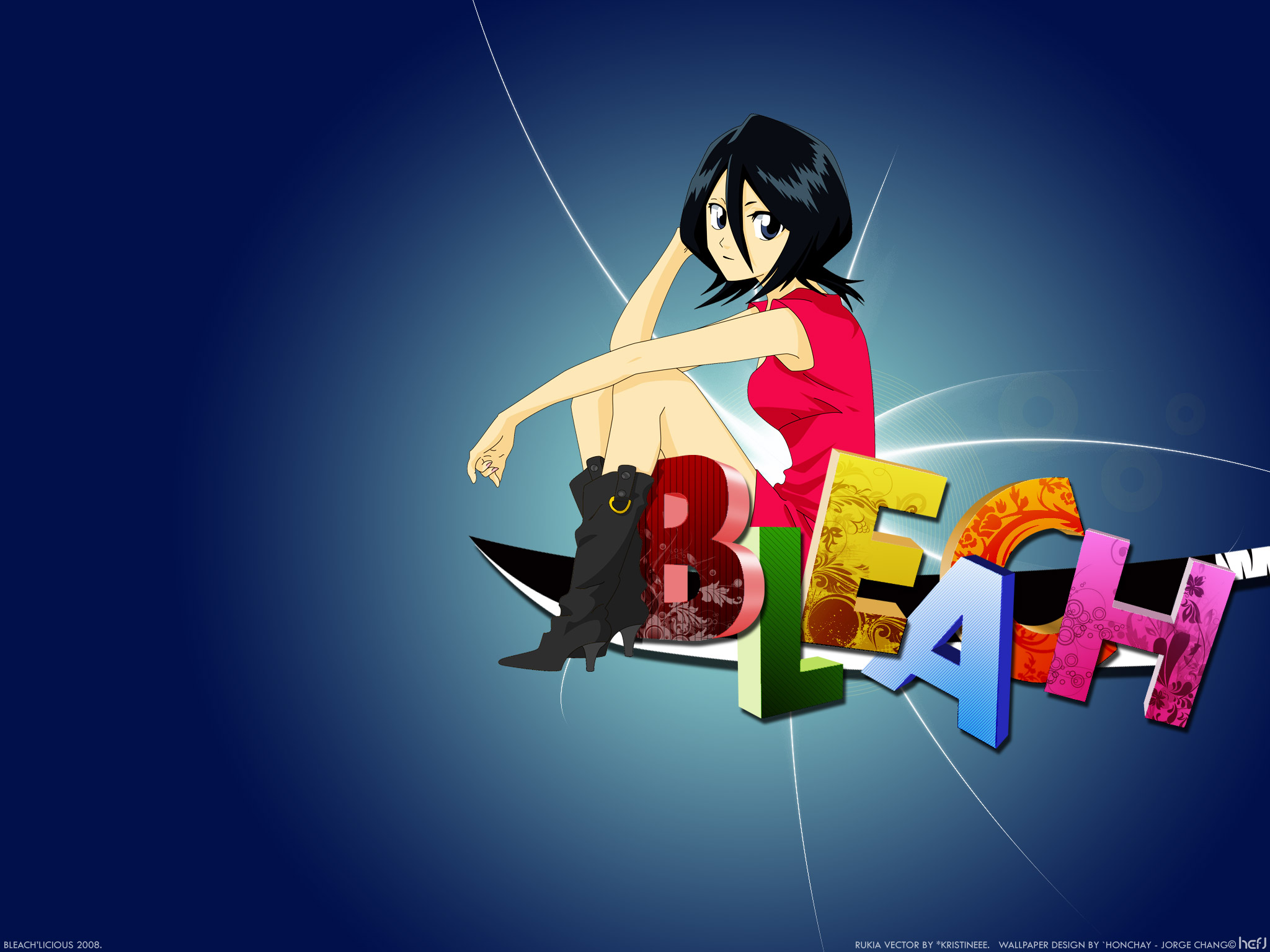 kuchiki rukia, bleach, highres, 00s, 1girl, black hair, boots, breasts, female focus, short hair, solo