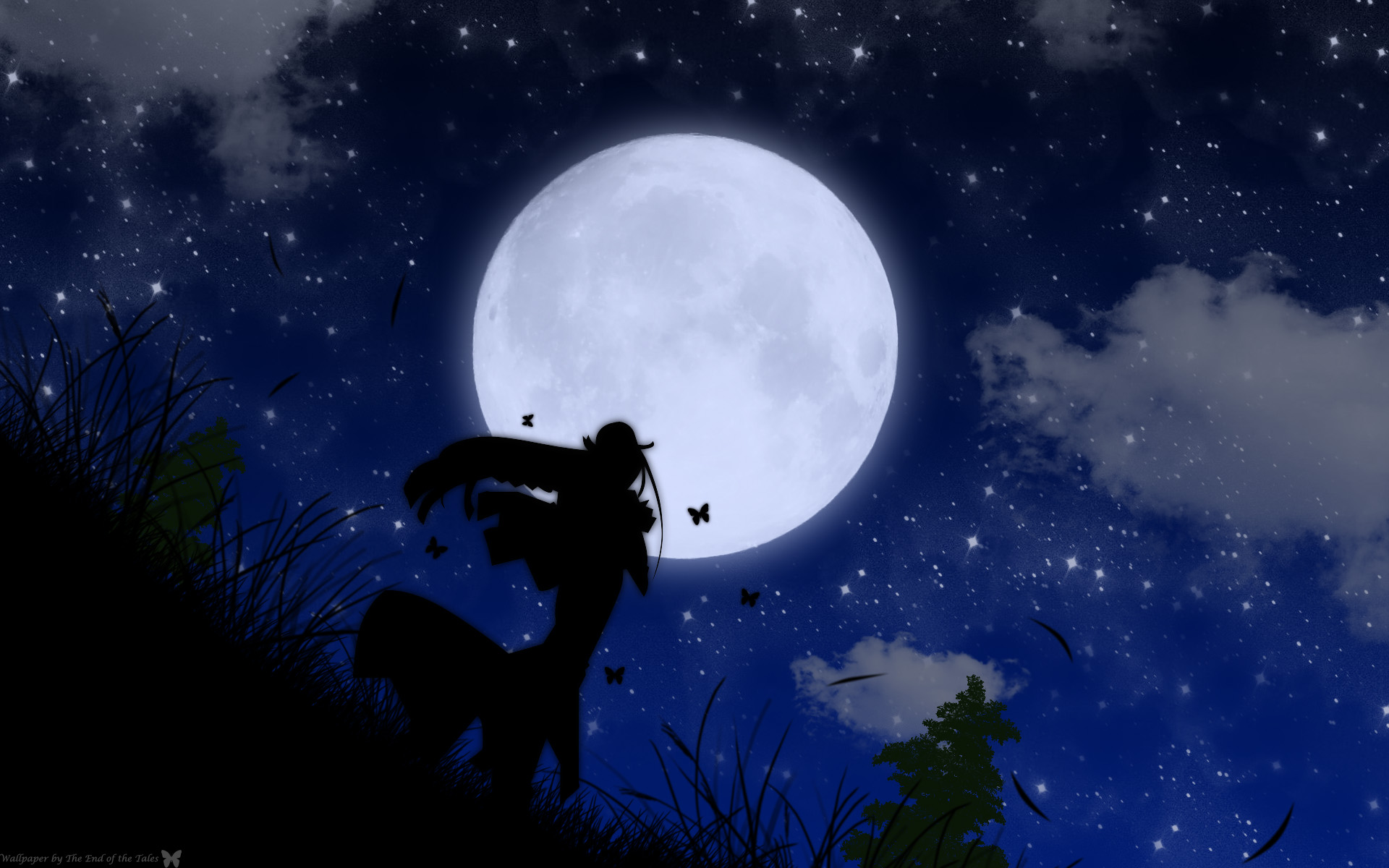 alicia florence, aria (manga), artist request, highres, tagme, 00s, 1girl, bug, butterfly, cloud, female focus, insect, night, silhouette, sky, star (symbol), tree, wind, wind lift