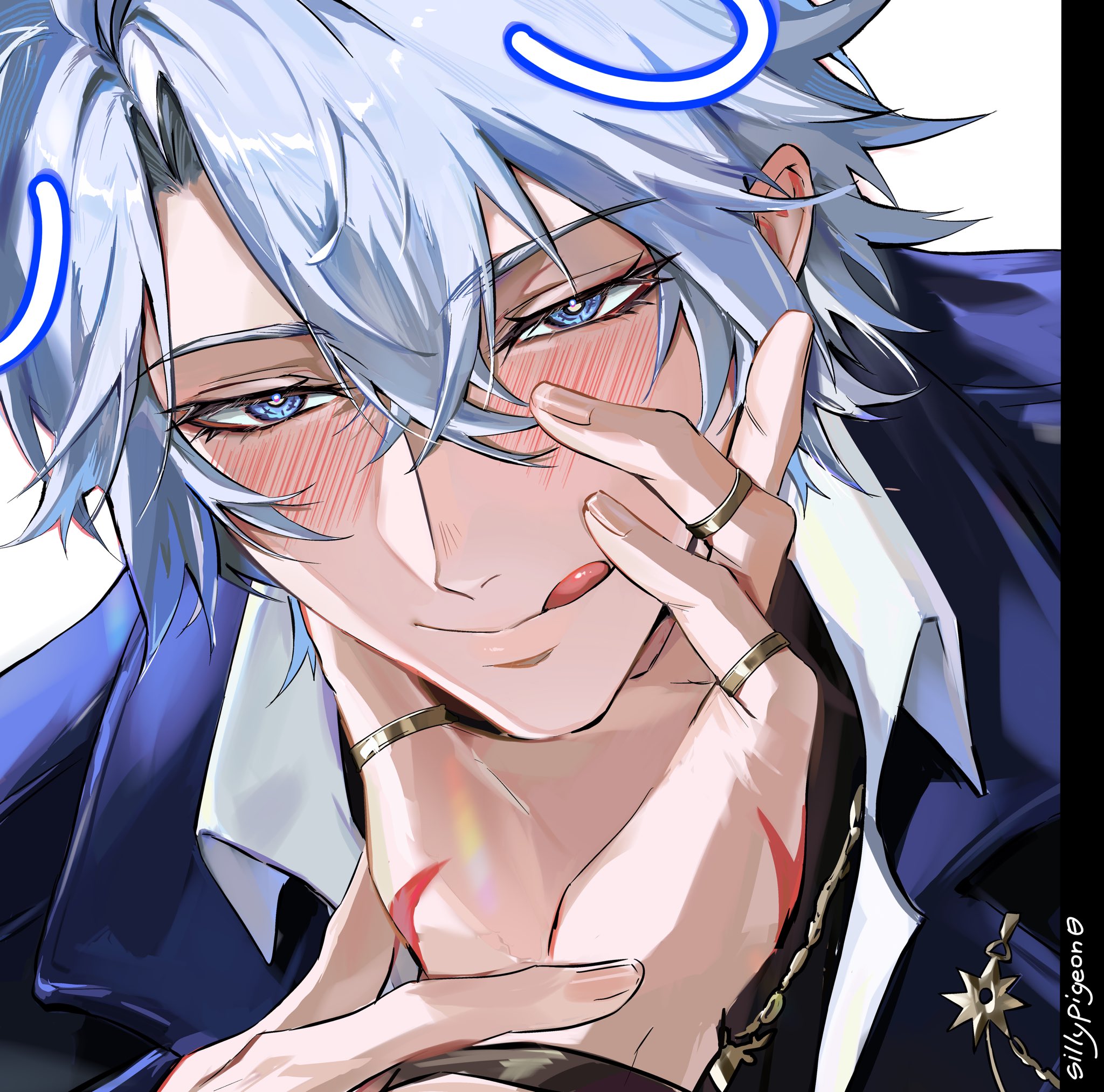 mydei (honkai: star rail), phainon (honkai: star rail), honkai: star rail, honkai (series), commentary, highres, 2boys, :d, blue eyes, blue jacket, blush, closed mouth, collared shirt, double-parted bangs, eyelashes, fingernails, hair behind ear, hair between eyes, hand on another's arm, hand on another's face, jacket, jewelry, lapels, licking lips, male focus, multiple boys, multiple rings, notched lapels, open mouth, out of frame, parted hair, phainon (luckin coffee) (honkai: star rail), red tattoo, ring, shirt, short hair, sillypigeon0, smile, tattoo, tongue, tongue out, white background, white shirt, wing collar, yaoi