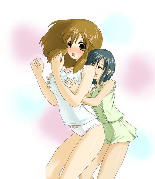 artist request, character request, copyright request, gender request, 2girls, black hair, blush, bow, bow panties, breasts, brown eyes, brown hair, camisole, cleavage, closed eyes, genderswap, grabbing another's breast, green camisole, green shorts, groping, large breasts, long hair, multiple girls, open mouth, panties, short hair, shorts, smile, surprised, underwear, white camisole, white panties, yuri