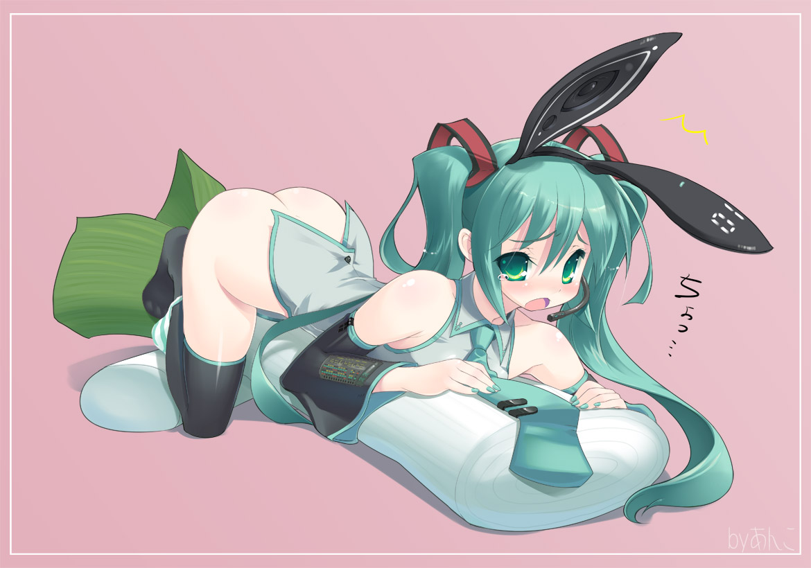 amasa mitsunaru, hatsune miku, vocaloid, 1girl, animal ears, aqua eyes, aqua hair, aqua nails, ass, bare shoulders, black thighhighs, bottomless, detached sleeves, fake animal ears, female focus, hair ornament, headset, kemonomimi mode, long hair, lying, nail polish, necktie, no panties, on stomach, panties, panties around leg, pillow, rabbit ears, solo, speaker, spring onion, striped clothes, striped panties, tears, themed object, thighhighs, twintails, underwear