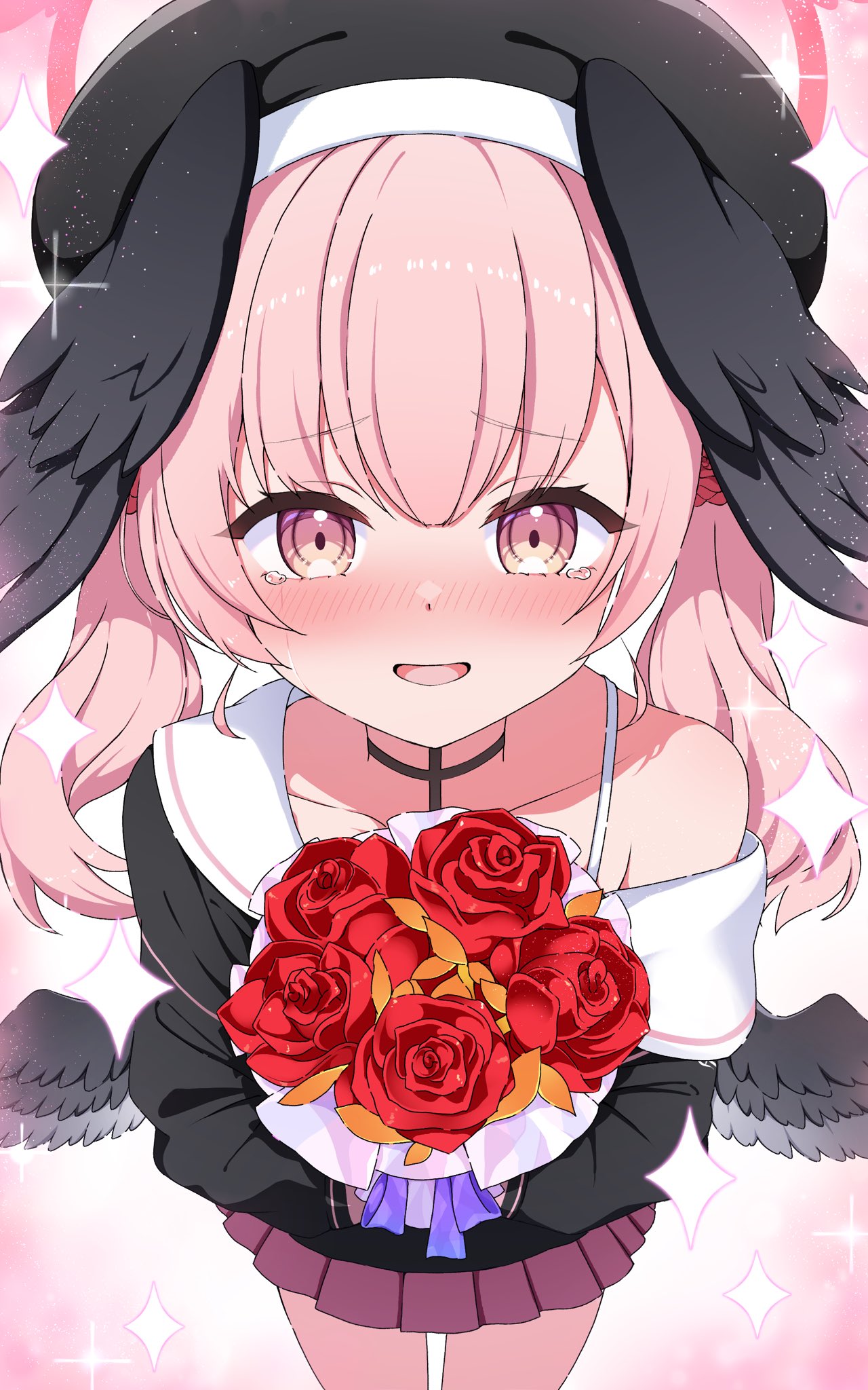 sen chan (akane1023), koharu (blue archive), blue archive, commission, highres, skeb commission, 1girl, angel wings, bare shoulders, black choker, black dress, black wings, blush, bouquet, choker, crying, dress, fake wings, feathered wings, feathers, flower, hair between eyes, halo, happy tears, head wings, holding, holding bouquet, long hair, looking at viewer, low wings, nose blush, open mouth, pink background, pink hair, pink wings, pom pom (cheerleading), red flower, red rose, rose, skirt, smile, solo, sparkle, sparkle background, tears, twintails, white feathers, white wings, wings