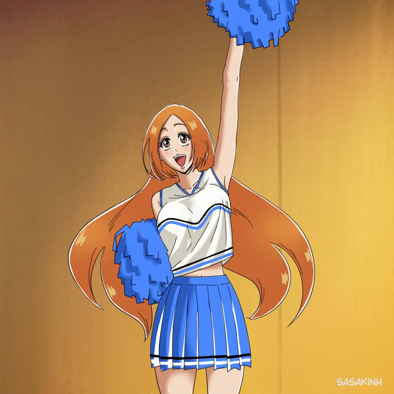 sasaki-nh, inoue orihime, bleach, bleach: sennen kessen-hen, 1girl, 2025, artist name, bare shoulders, breasts, brown eyes, cheering, cheerleader, collarbone, female focus, happy, large breasts, open mouth, orange hair, pom pom (cheerleading), solo, standing