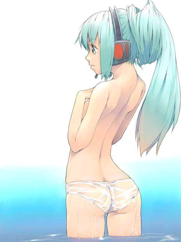 akinbo (hyouka fuyou), hatsune miku, vocaloid, 1girl, aqua eyes, aqua hair, arched back, ass, back, blue eyes, blue hair, butt crack, female focus, headset, long hair, matching hair/eyes, panties, see-through clothes, solo, topless female, underwear, underwear only, water, wet