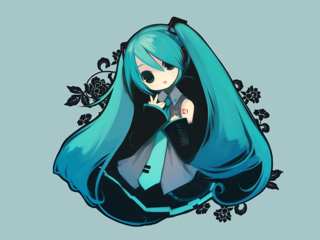 puti devil, hatsune miku, vocaloid, 1girl, aqua background, aqua necktie, aqua theme, blouse, chibi, collared shirt, detached sleeves, female focus, green background, green eyes, green hair, green theme, grey shirt, hair between eyes, head tilt, headphones, long hair, matching hair/eyes, necktie, shirt, shoulder tattoo, skirt, sleeveless, sleeveless shirt, solo, swept bangs, tattoo, twintails, very long hair