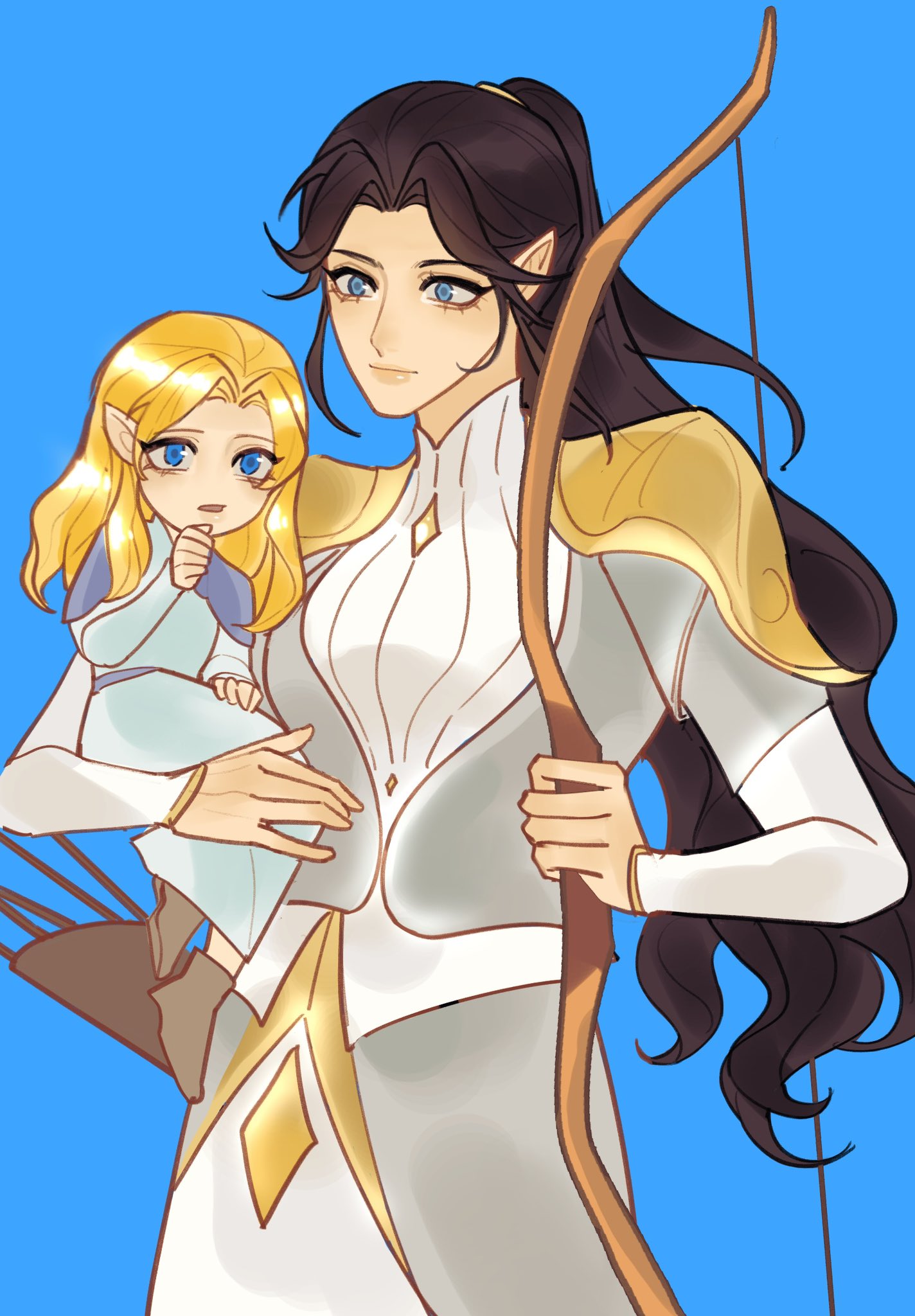 issa crimson, aredhel, idril celebrindal, the silmarillion, tolkien's legendarium, 2girls, armor, arrow (projectile), aunt and niece, black hair, blonde hair, blue background, blue eyes, bow (weapon), carrying, carrying person, closed mouth, collar, elf, eyelashes, female focus, gem, holding, holding bow (weapon), holding weapon, long hair, looking at another, looking at viewer, multiple girls, open mouth, parted bangs, pointy ears, ponytail, princess, quiver, shoulder armor, simple background, sitting, weapon