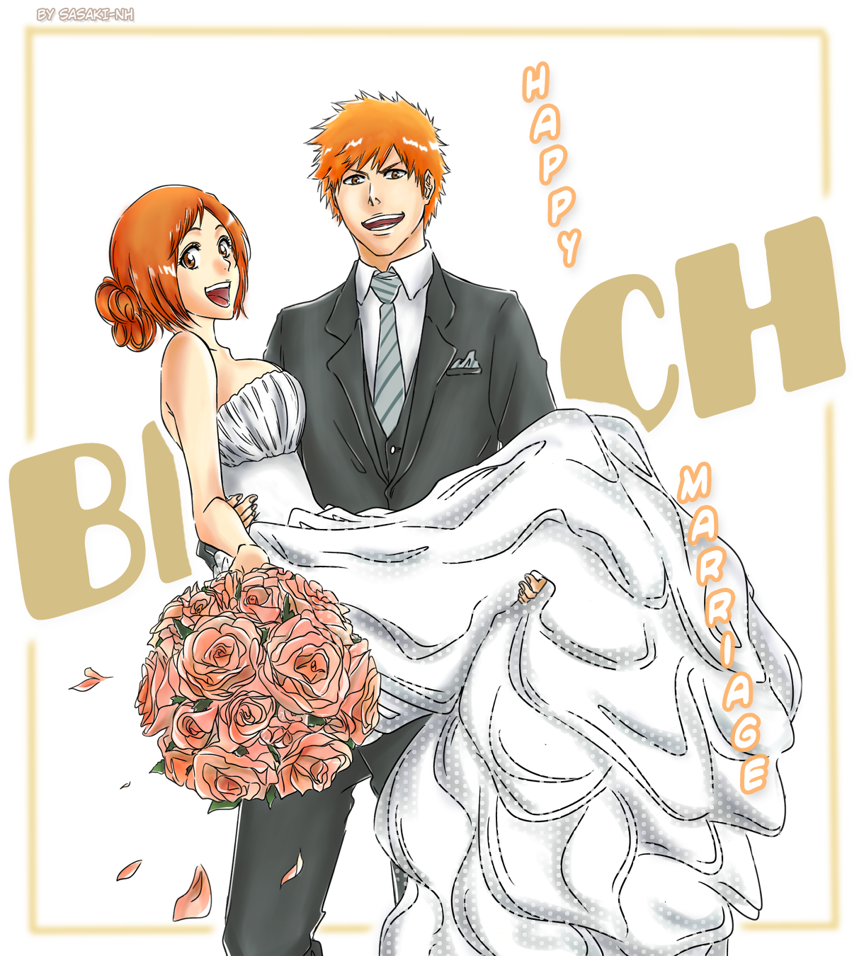 sasaki-nh, inoue orihime, kurosaki ichigo, bleach, highres, 1boy, 1girl, 2016, bare shoulders, bouquet, breasts, brown eyes, collarbone, copyright name, dress, english text, flower, hetero, holding, husband and wife, large breasts, necktie, open mouth, orange hair, short hair, standing, wedding dress