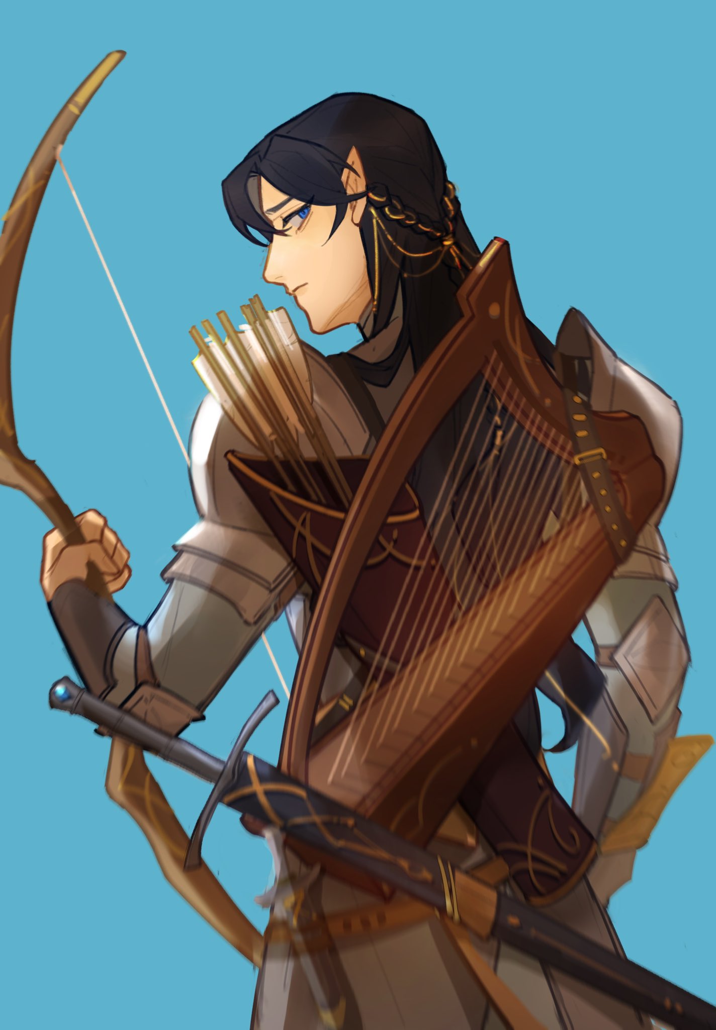 issa crimson, fingon, the silmarillion, tolkien's legendarium, 1boy, armor, arrow (projectile), black hair, blue background, blue eyes, bow (weapon), braid, closed mouth, dagger, elf, gem, holding, holding bow (weapon), holding weapon, knife, long hair, male focus, pointy ears, profile, quiver, sheath, shoulder armor, simple background, solo, sword, weapon