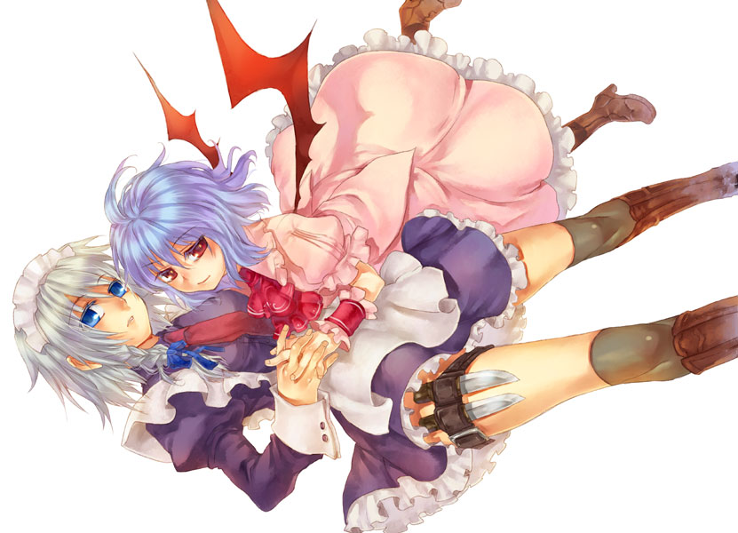 tenkuu sphere, izayoi sakuya, remilia scarlet, touhou, silver hair, 2girls, bat wings, blue eyes, blue hair, bonnet, braid, dress, female focus, knife, maid, multiple girls, red eyes, simple background, sleeve cuffs, throwing knife, weapon, white background, wings