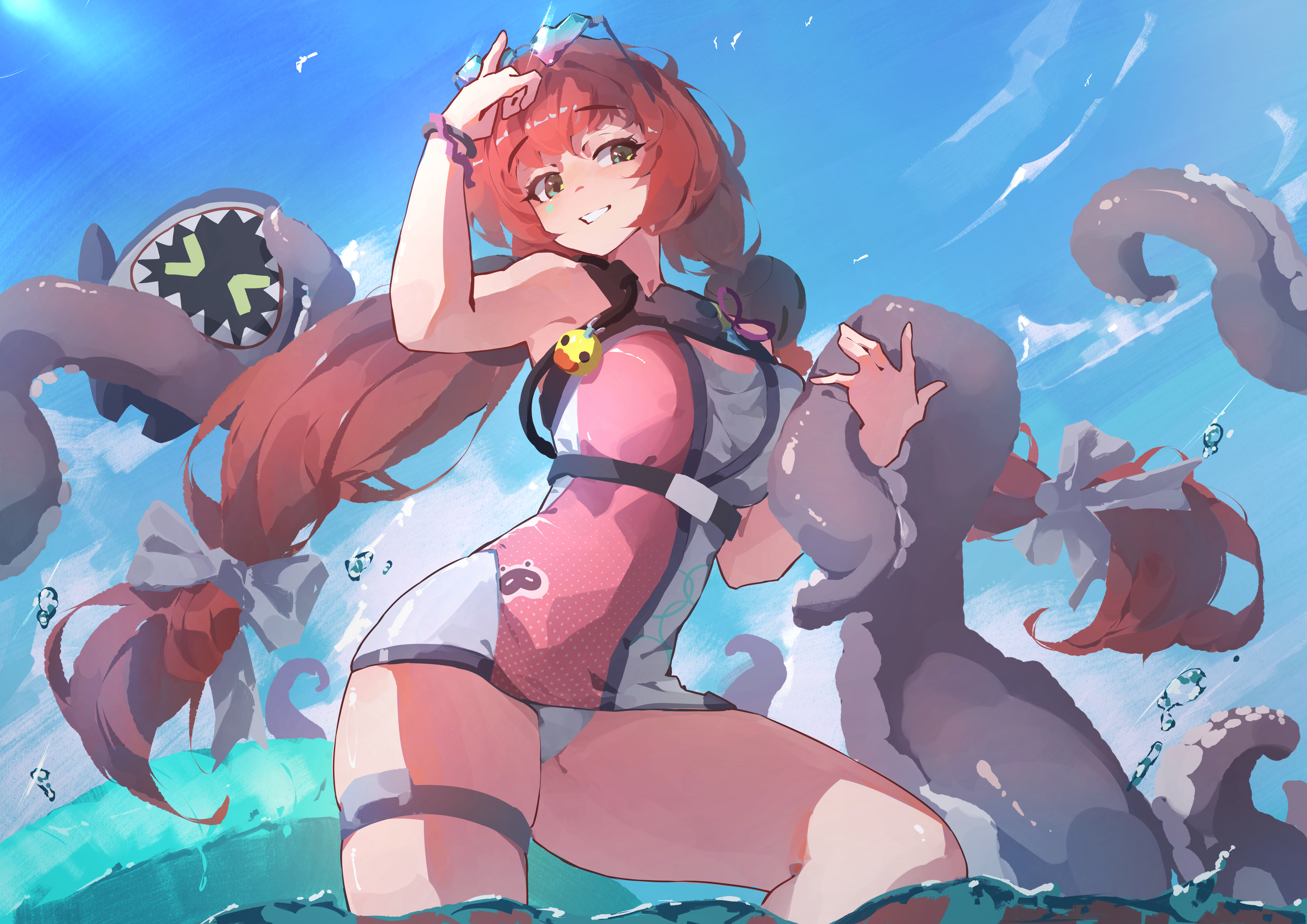 ukinami yuzuha, ukinami yuzuha (tanuki in broad daylight), zenless zone zero, absurdres, highres, 1girl, awoodden, bare shoulders, breasts, green eyes, grimgar: ashes and illusions, long hair, looking at viewer, medium breasts, official alternate costume, one-piece swimsuit, red hair, solo, swimsuit, thighs, twintails