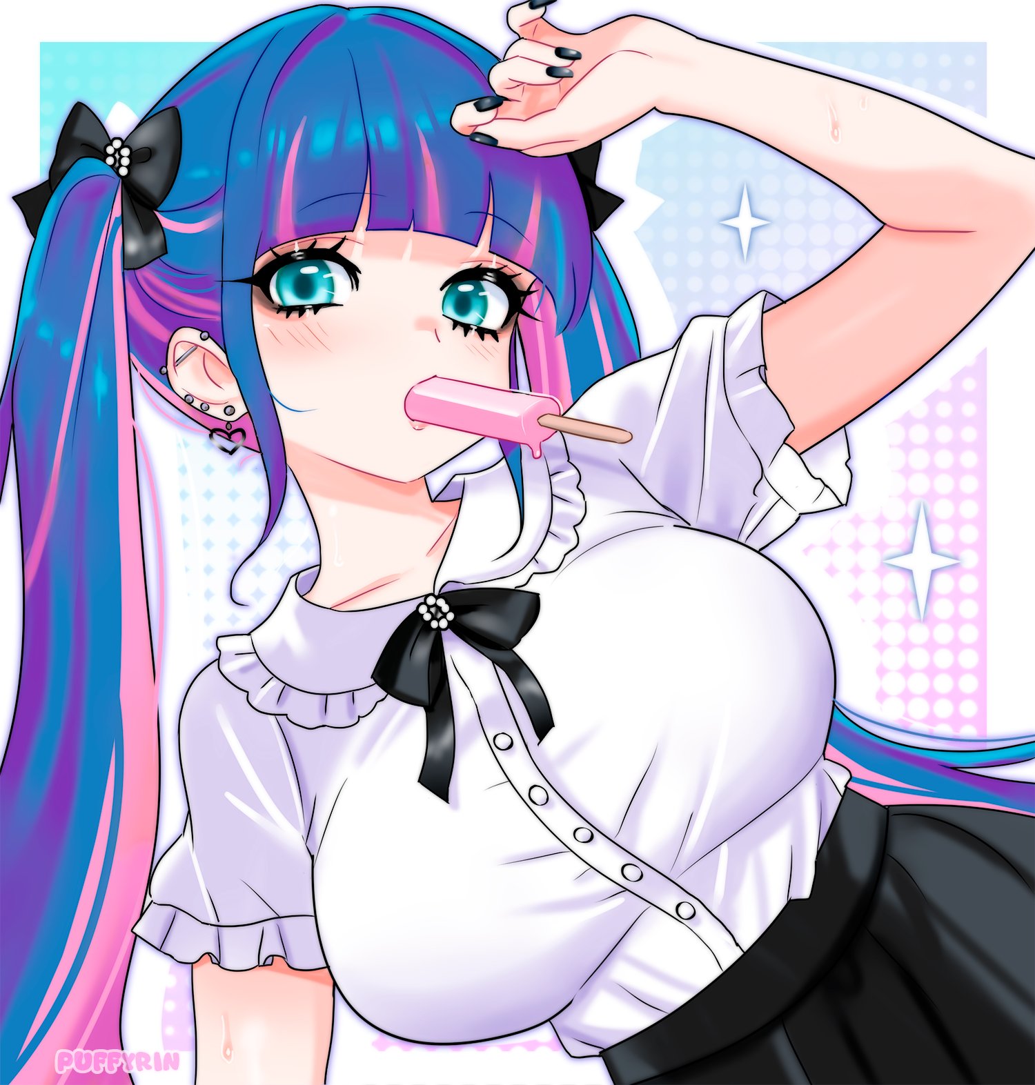 stocking (psg), panty & stocking with garterbelt, commentary, highres, 1girl, arm up, artist name, barbell piercing, black bow, black nails, black ribbon, blue eyes, blunt bangs, blush, bow, breasts, collared shirt, colored inner hair, ear piercing, earrings, fingernails, food, food in mouth, hair bow, heart, heart earrings, industrial piercing, jewelry, large breasts, long fingernails, looking at viewer, multicolored hair, nail polish, neck ribbon, piercing, popsicle, popsicle in mouth, puffyrin, purple hair, ribbon, shirt, shirt tucked in, short sleeves, solo, streaked hair, sweat, twintails, two-tone hair, white shirt