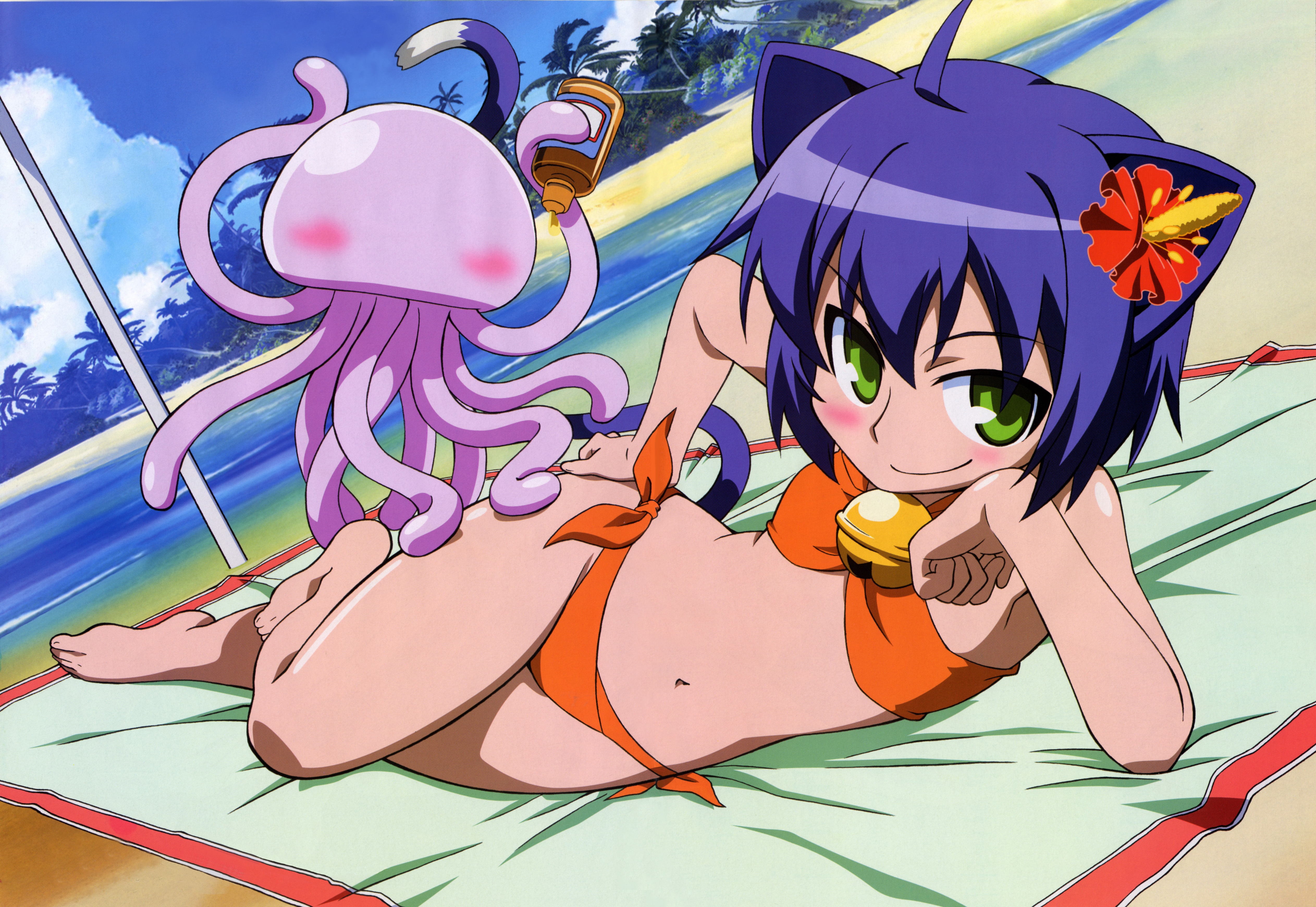 koga makoto, midarezaki gekka, midarezaki kyouka, kyouran kazoku nikki, megami magazine, absurdres, highres, official art, scan, 00s, 1girl, ahoge, animal ears, barefoot, beach, bell, bikini, blue hair, cat ears, cat tail, feet, flat chest, flower, green eyes, jellyfish, looking at viewer, navel, purple hair, short hair, smile, swimsuit, tail