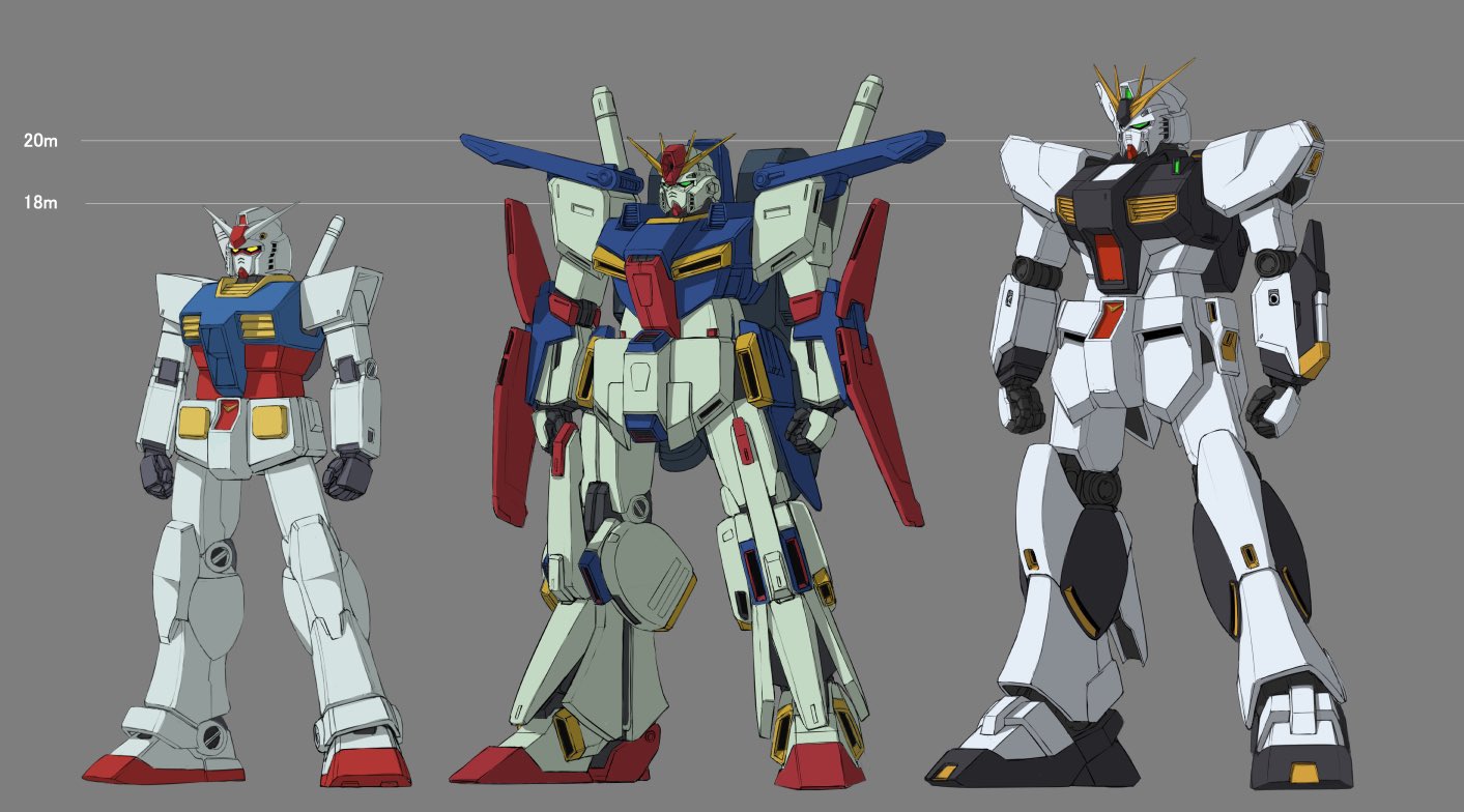 hiwa industry, nu gundam, rx-78-2 gundam, zz gundam, char's counterattack, gundam, gundam zz, mobile suit gundam, hashtag-only commentary, arms at sides, full body, green eyes, grey background, height mark, mecha, mecha focus, mobile suit, no humans, robot, size difference, standing, v-fin, yellow eyes