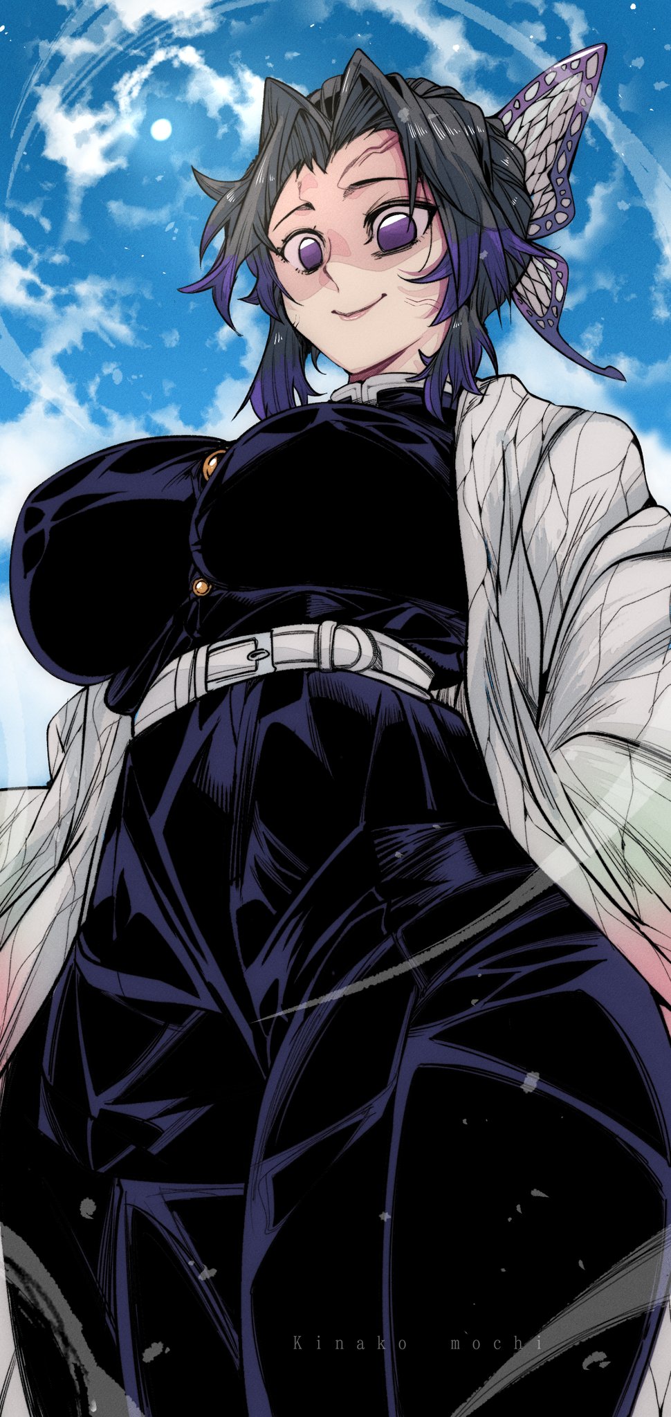 kinakomochi (user vedc2333), kochou shinobu, kimetsu no yaiba, commentary, highres, symbol-only commentary, 1girl, artist name, belt, black hair, black pants, black shirt, blue sky, breasts, butterfly hair ornament, cloud, coat, demon slayer uniform, hair ornament, large breasts, multicolored hair, pants, purple eyes, purple hair, shaded face, shirt, short hair, sky, smile, solo, two-tone hair, veiny face, white belt, white coat