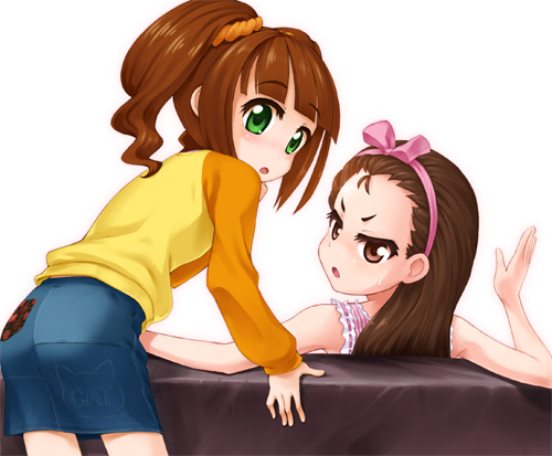 minase iori, takatsuki yayoi, idolmaster, idolmaster (classic), idolmaster 1, lowres, 00s, 2girls, brown hair, green eyes, hairband, multiple girls, pencil skirt, raglan sleeves, ribbon, skirt, twintails