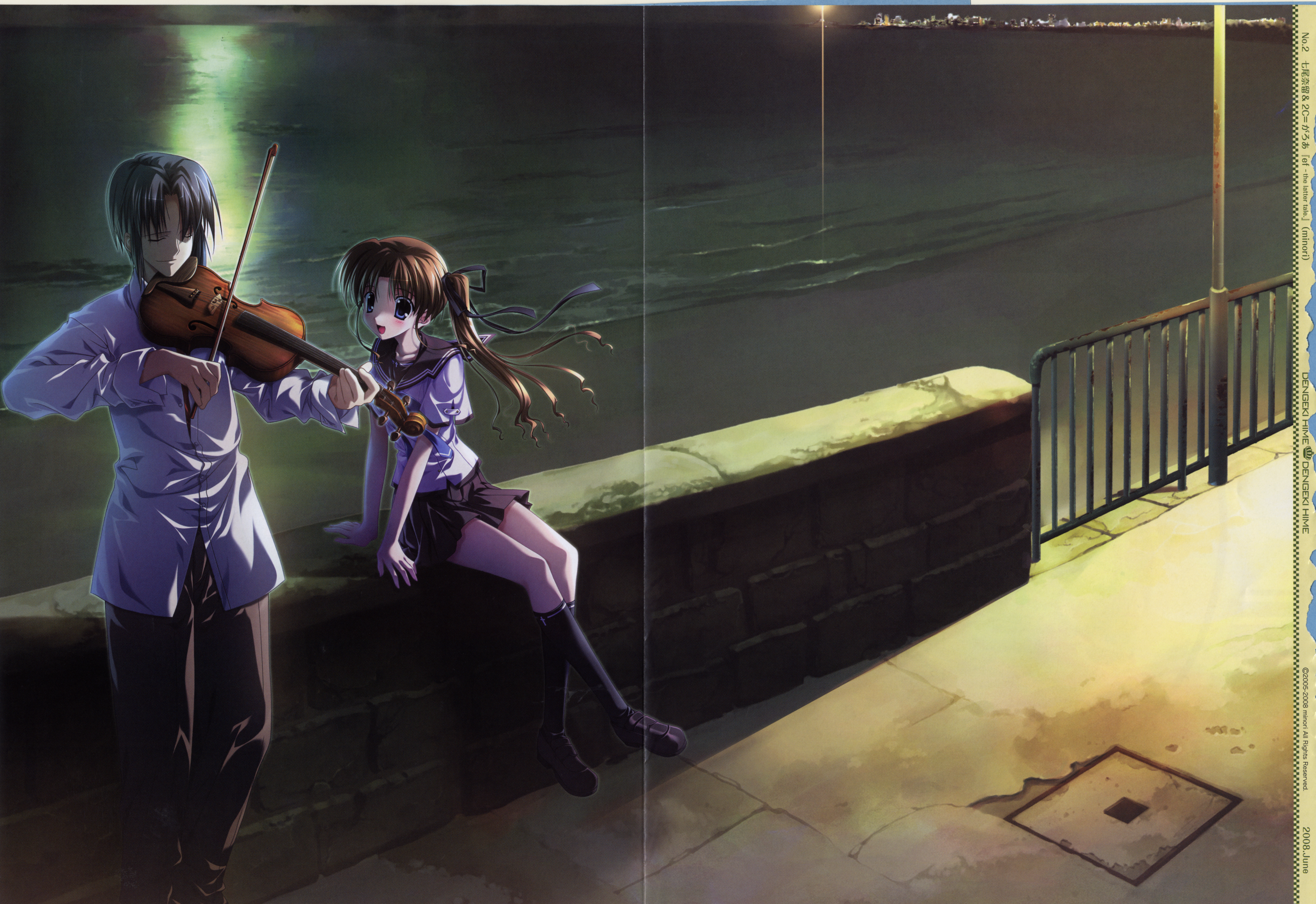 dengeki hime, ef (visual novel), wall, absurdres, artist request, character request, highres, tagme, 1boy, 1girl, beach, black hair, blue eyes, brown hair, closed eyes, couple, gate, instrument, moonlight, musician, open mouth, school uniform, serafuku, sitting, smile, standing, violin, waves