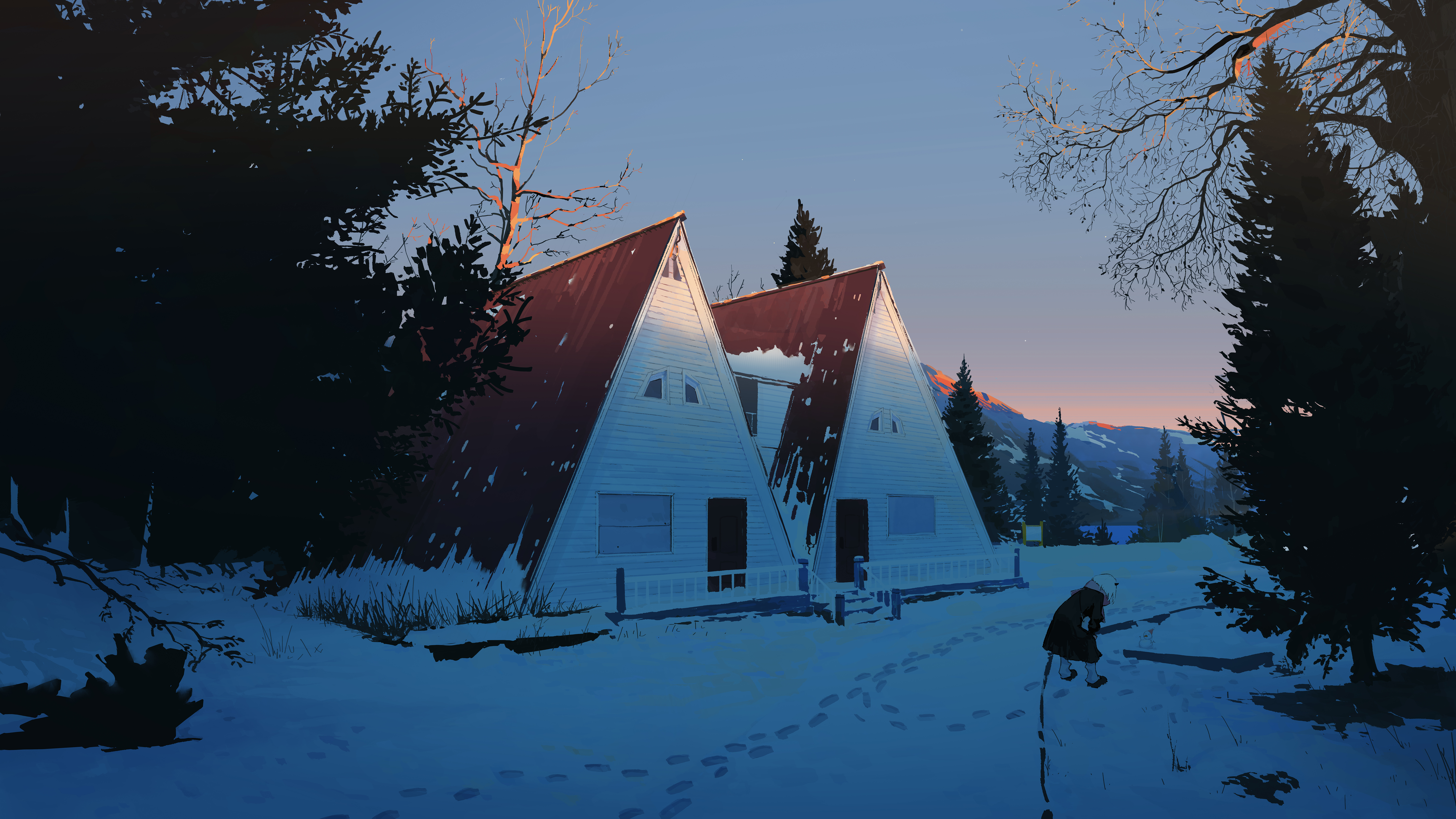 bottle7, original, absurdres, highres, 1girl, bare tree, black coat, blue sky, building, coat, door, fantasy, fence, footprints, gloves, hands on own knees, horns, house, long sleeves, morning, mountain, nature, outdoors, scarf, scenery, shadow, short hair, sky, snow, snowman, solo, stairs, sunrise, tree, white hair, window, winter, winter clothes, winter coat