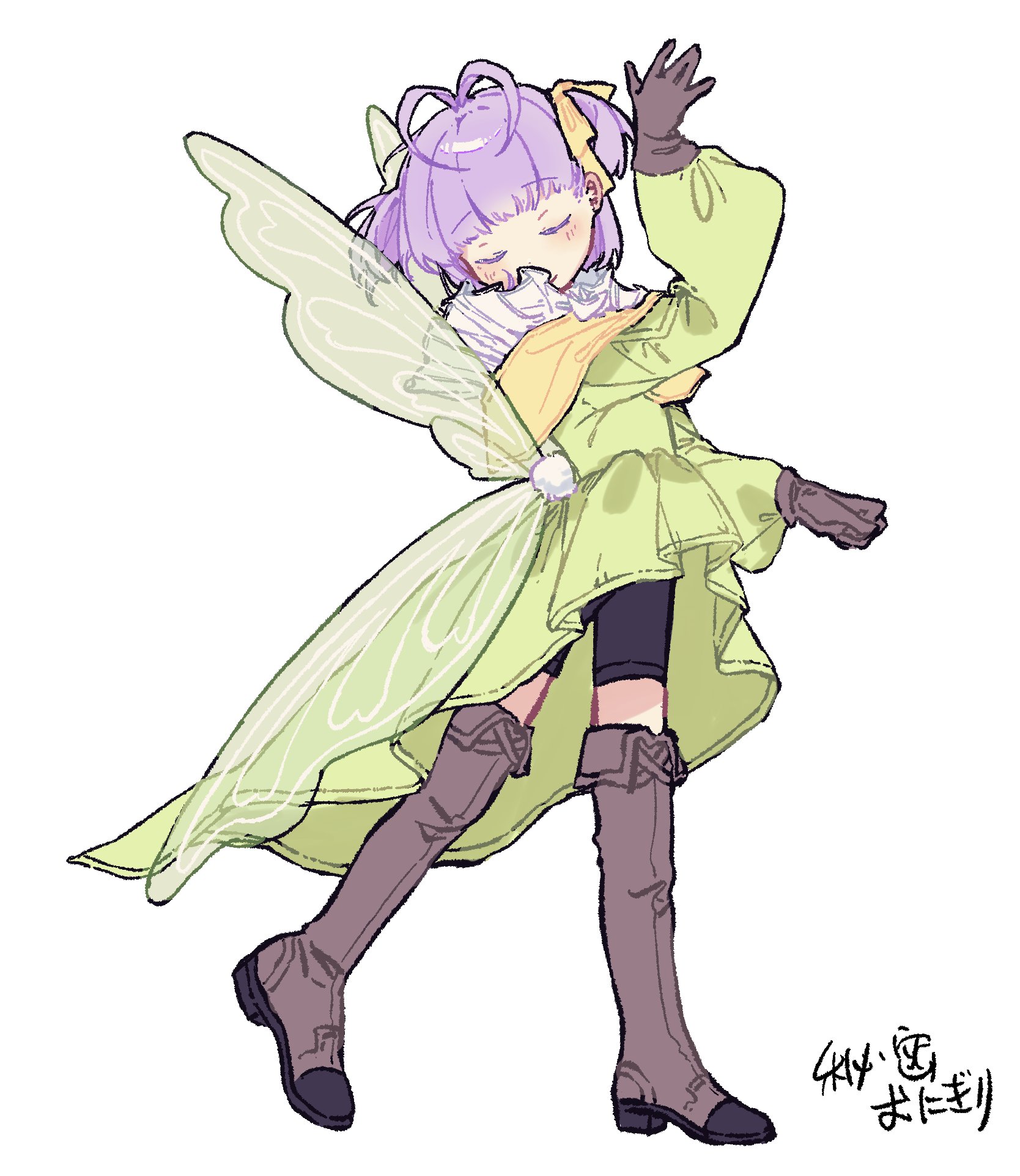 himitsu onigiri, kazuradrop (fate), murian (fate), fate/grand order, fate (series), highres, 1girl, antenna hair, arm up, artist name, black shorts, blush, boots, brown boots, brown gloves, closed eyes, dress, facing viewer, fairy, fairy wings, full body, gloves, green dress, green wings, hair ribbon, long sleeves, purple hair, ribbon, short hair, short twintails, shorts, simple background, solo, thigh boots, twintails, u u, white background, wings, yellow ribbon