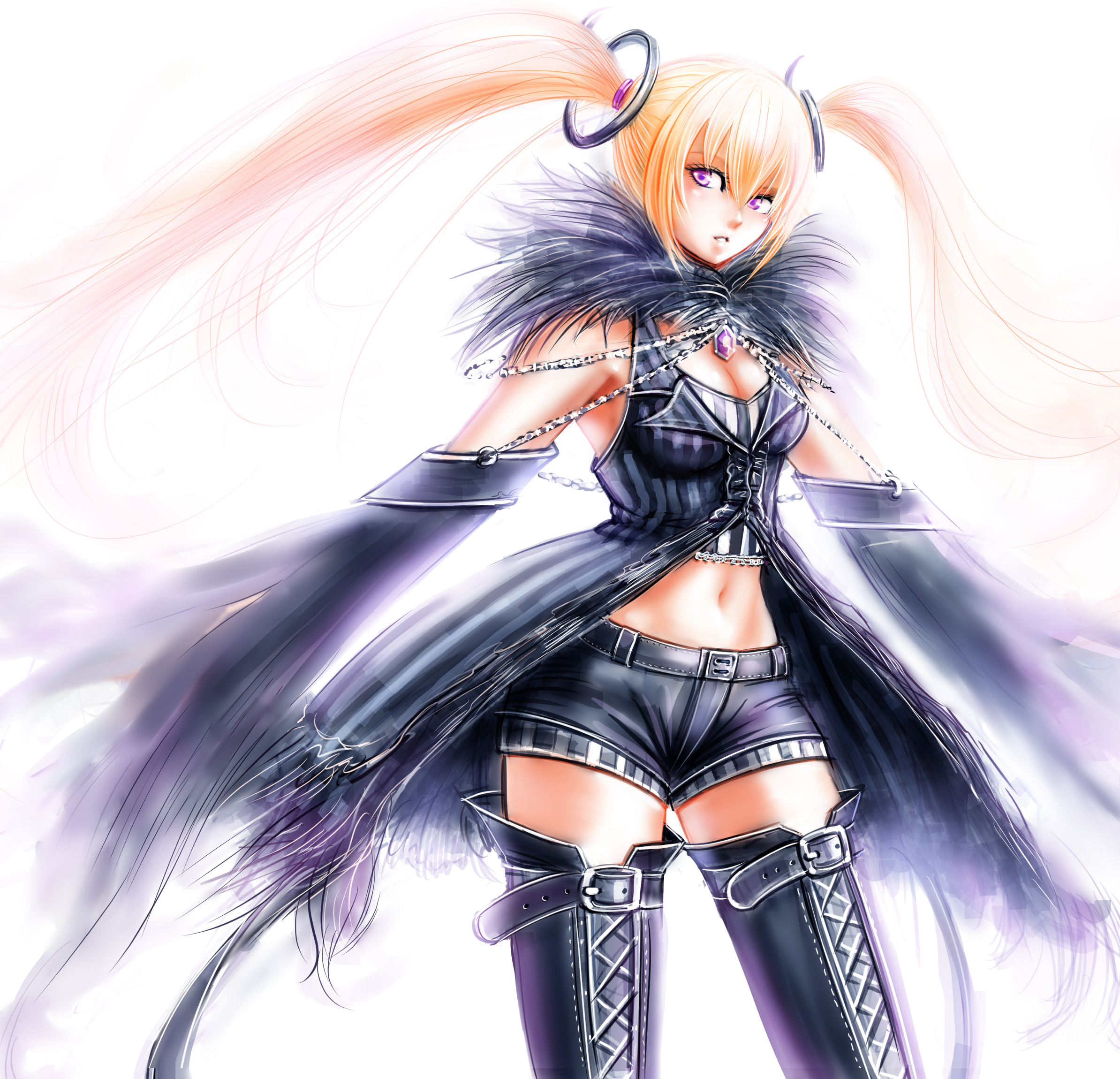 sushi (sashimise), chartelier courent (pso2), phantasy star, phantasy star online 2, highres, 1girl, bare shoulders, belt, belt buckle, blonde hair, boots, breasts, buckle, chain, cleavage, cowboy shot, crop top, detached sleeves, floating headgear, fur trim, gem, hair between eyes, headgear, jewelry, lace-up boots, long hair, medium breasts, midriff, navel, parted lips, purple eyes, short shorts, shorts, simple background, solo, striped clothes, thigh boots, thighhighs, twintails, very long hair, white background, zettai ryouiki