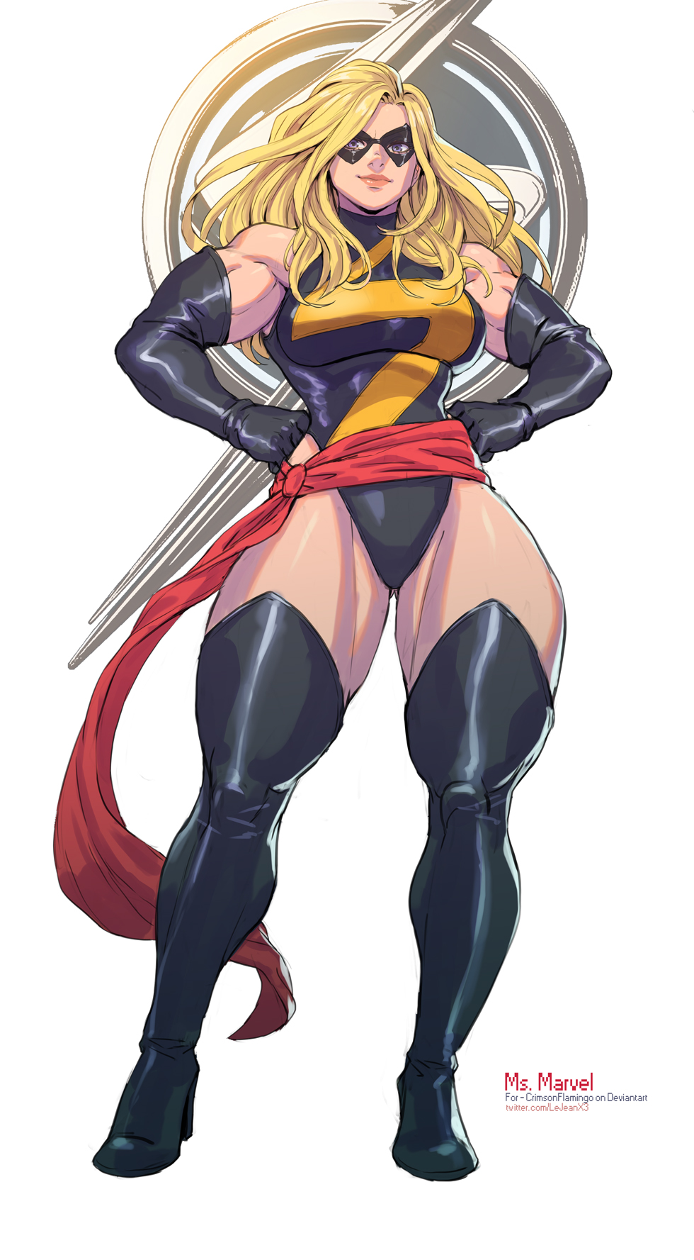 rejean dubois, carol danvers, ms. marvel, marvel, ms. marvel (series), commentary, commission, english commentary, highres, 1girl, artist name, black gloves, black leotard, blonde hair, blue eyes, boots, breasts, character name, elbow gloves, full body, gloves, hands on own hips, large breasts, leotard, long hair, looking at viewer, muscular, muscular female, solo, superhero costume, thigh boots, watermark, web address