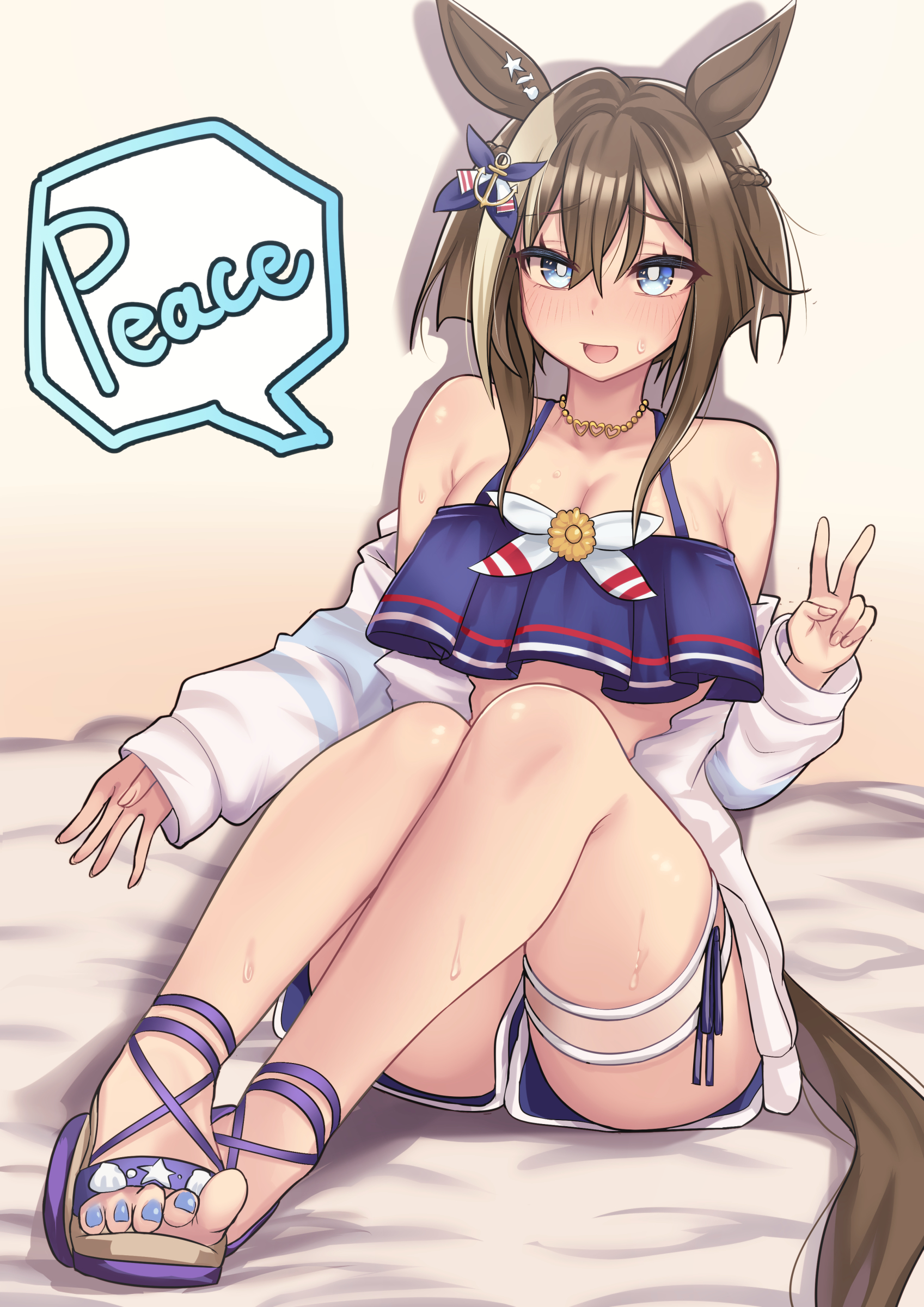 teaclaw, cheval grand (summer calm navy drop) (umamusume), cheval grand (umamusume), umamusume, absurdres, commentary request, highres, 1girl, anchor hair ornament, animal ears, bare shoulders, bikini, bikini shorts, blue bikini, blue eyes, blue nails, blue swim trunks, blush, braid, breasts, brown hair, cleavage, ear ornament, english text, fingernails, hair ornament, half up braid, horse ears, horse girl, horse tail, jacket, knees up, large breasts, looking at viewer, off shoulder, official alternate costume, open clothes, open jacket, open mouth, short hair, short hair with long locks, shorts, smile, solo, speech bubble, swimsuit, tail, thigh strap, thighs, toenails, toes, white jacket, white streaks