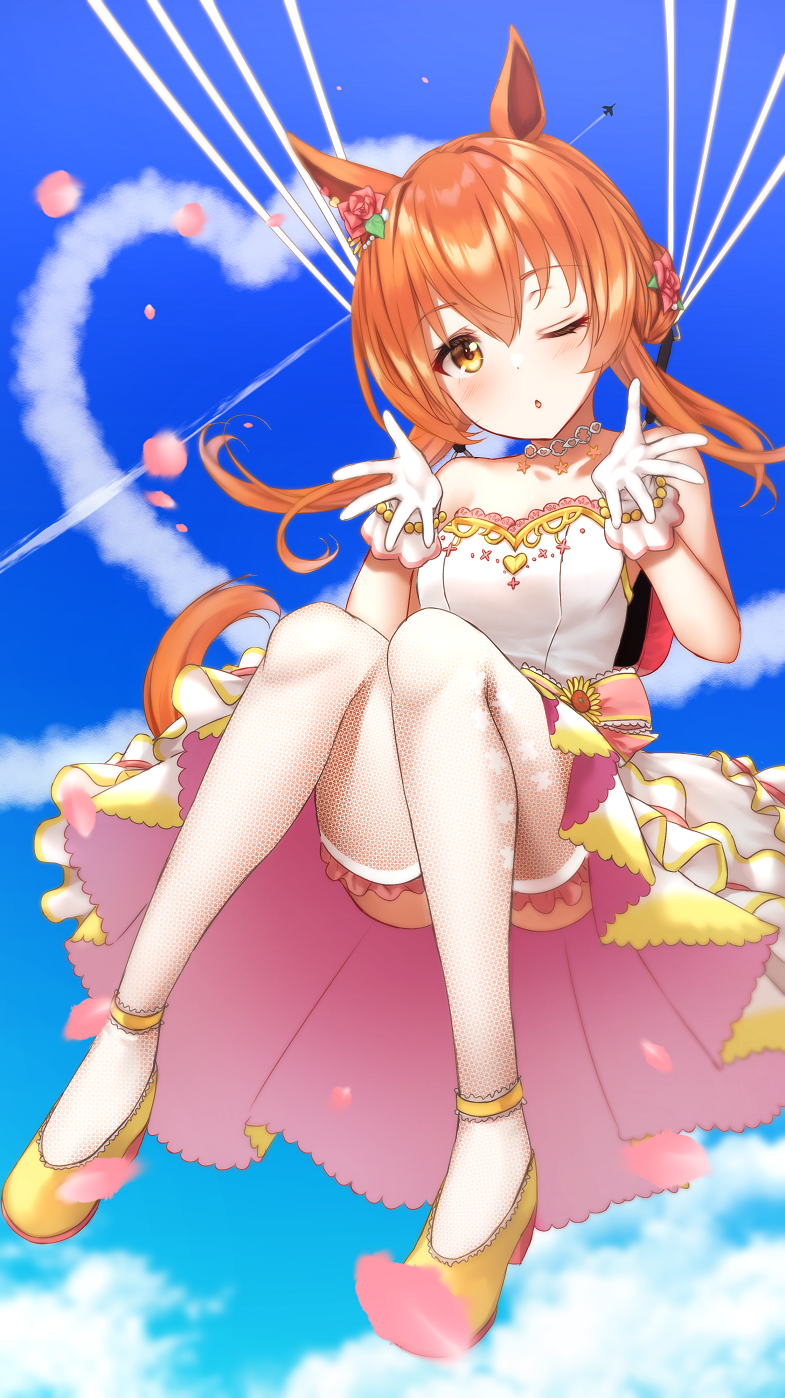 merxkialis, mayano top gun (sunlight bouquet) (umamusume), mayano top gun (umamusume), umamusume, commentary, highres, 1girl, ;o, aircraft, airplane, animal ears, bare shoulders, blowing kiss, blue sky, blush, bow, breasts, bride, cloud, contrail, day, dress, flower, full body, gloves, gold shoes, hair flower, hair ornament, heart, high heels, horse ears, horse girl, horse tail, jewelry, looking at viewer, medium breasts, official alternate costume, one eye closed, open mouth, orange eyes, orange hair, outdoors, parachute, pearl hair ornament, pink bow, shoes, sky, solo, strapless, strapless dress, tail, thighhighs, wedding dress, white dress, white gloves