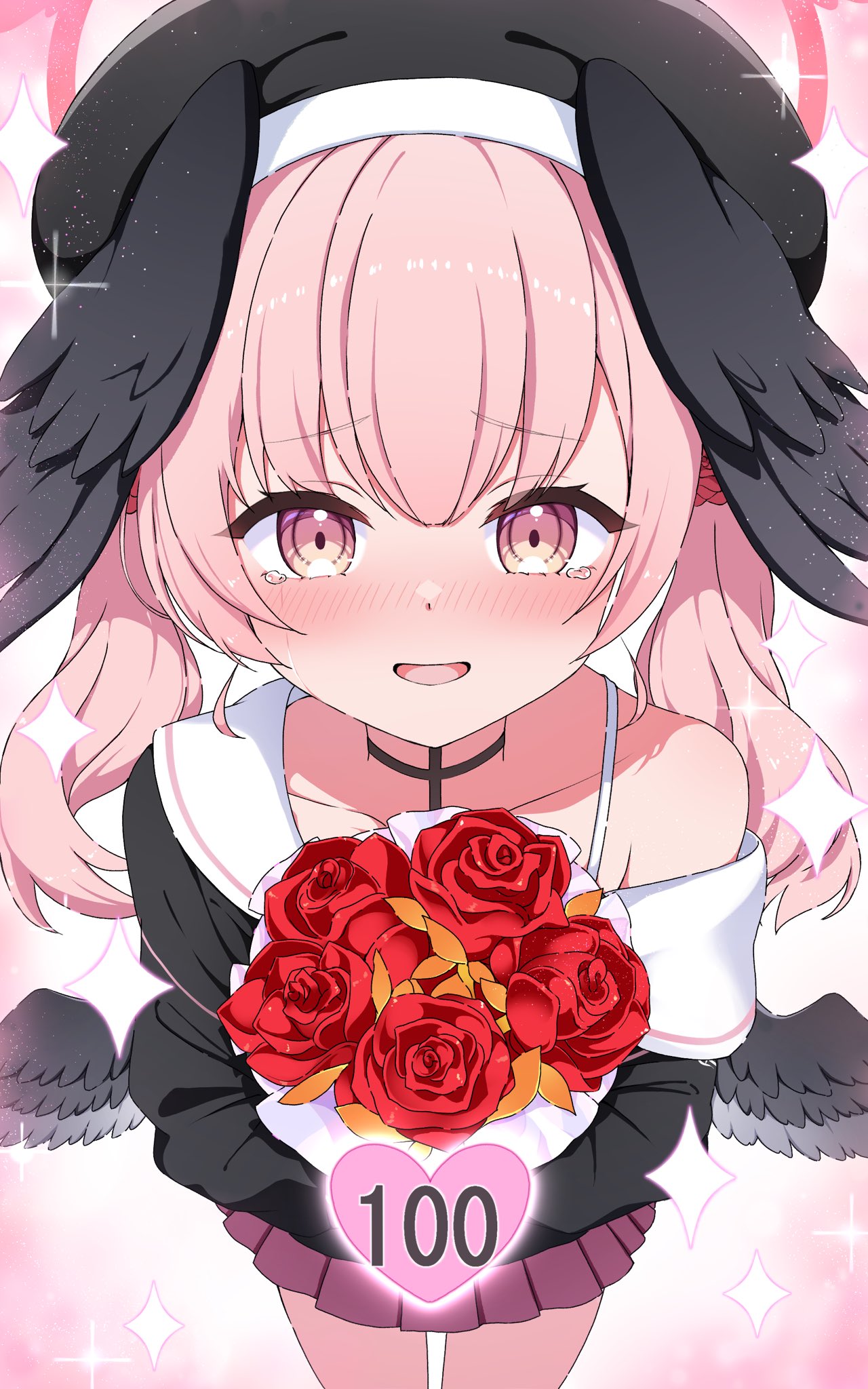 sen chan (akane1023), koharu (blue archive), blue archive, commentary request, commission, highres, skeb commission, 1girl, :d, angel, angel wings, bare shoulders, black choker, black wings, blush, bouquet, choker, collarbone, crying, fake wings, feathered wings, feathers, flower, hair between eyes, halo, happy tears, head wings, holding, holding bouquet, long hair, looking at viewer, low wings, mini wings, nose blush, open mouth, pink background, pink flower, pink hair, pink rose, pink wings, pom pom (cheerleading), red flower, red rose, rose, skirt, smile, solo, sparkle, sparkle background, tears, twintails, white feathers, white wings, wings
