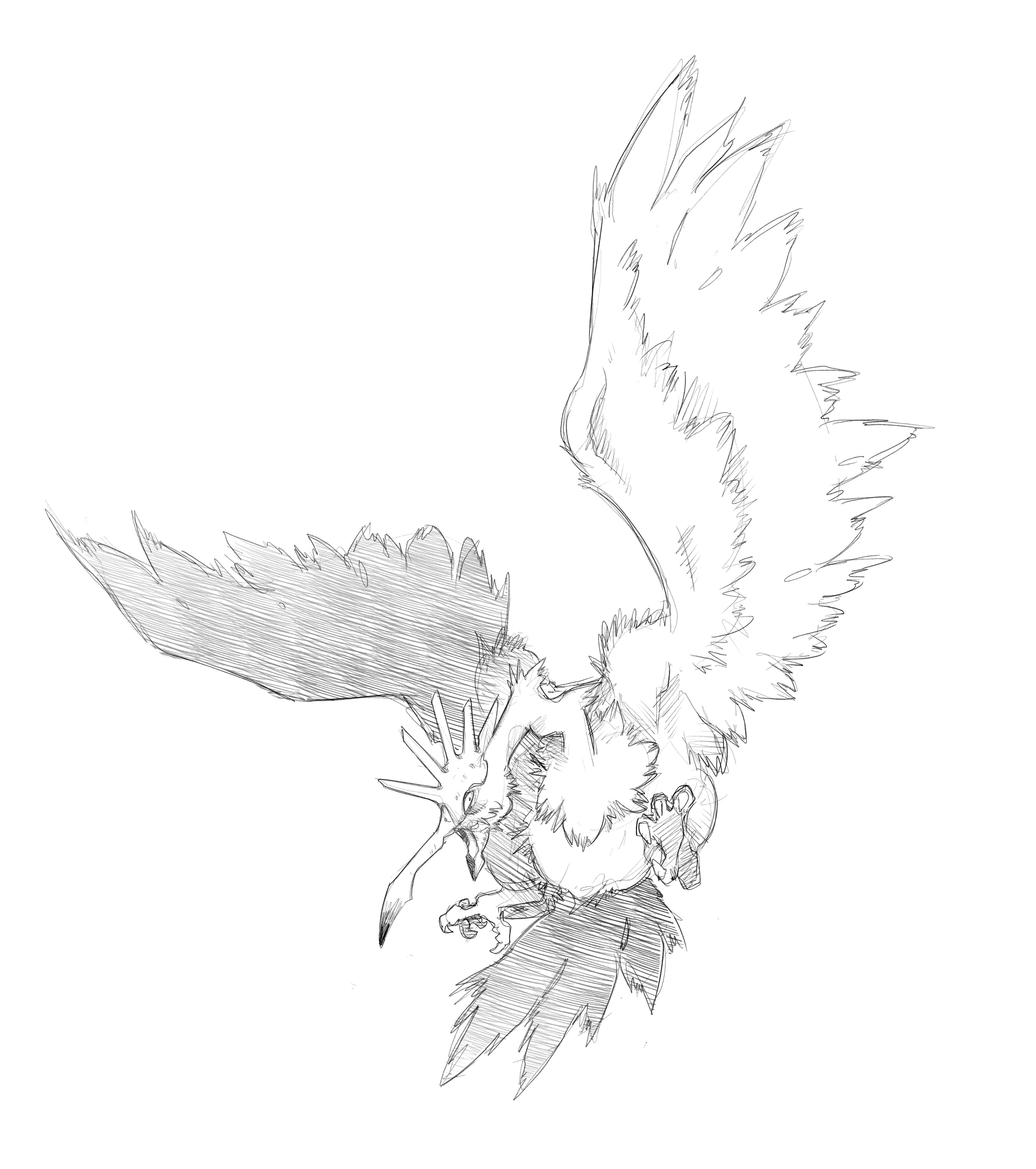 pr quote, fearow, nintendo, pokemon, absurdres, commentary, english commentary, highres, beak, bird, full body, gen 1 pokemon, monochrome, no humans, open mouth, pokemon (creature), pokemon focus, simple background, solo, talons