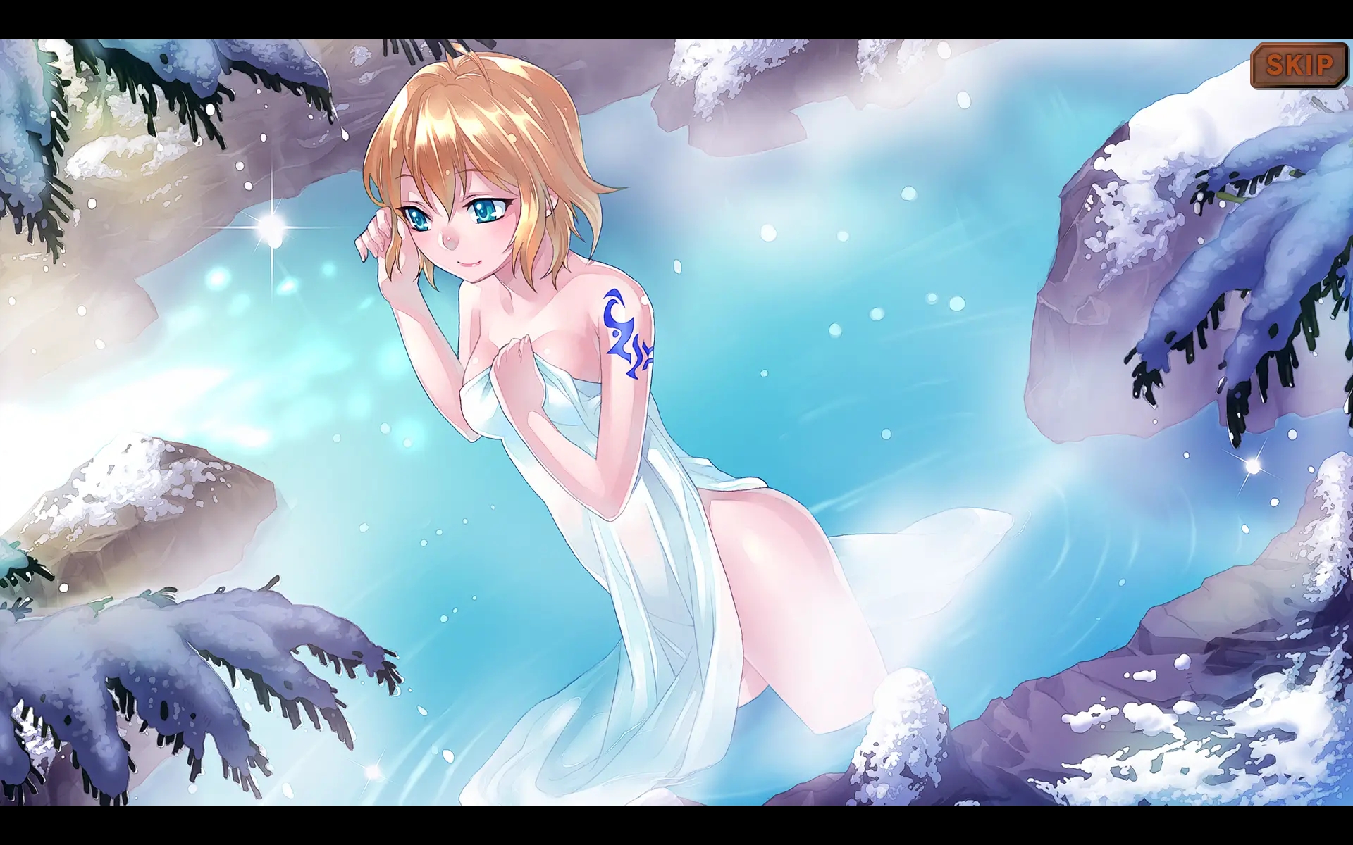 siskier, blaze union, game cg, 1girl, arm tattoo, blonde hair, blue eyes, naked towel, onsen, snow, tattoo, towel