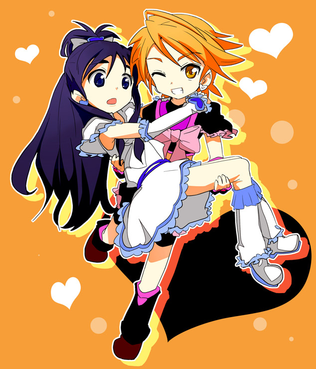 ixy, cure black, cure white, misumi nagisa, yukishiro honoka, futari wa precure, precure, 00s, blue eyes, blue hair, carrying, heart, orange eyes, princess carry, red hair, ribbon, wink, yuri