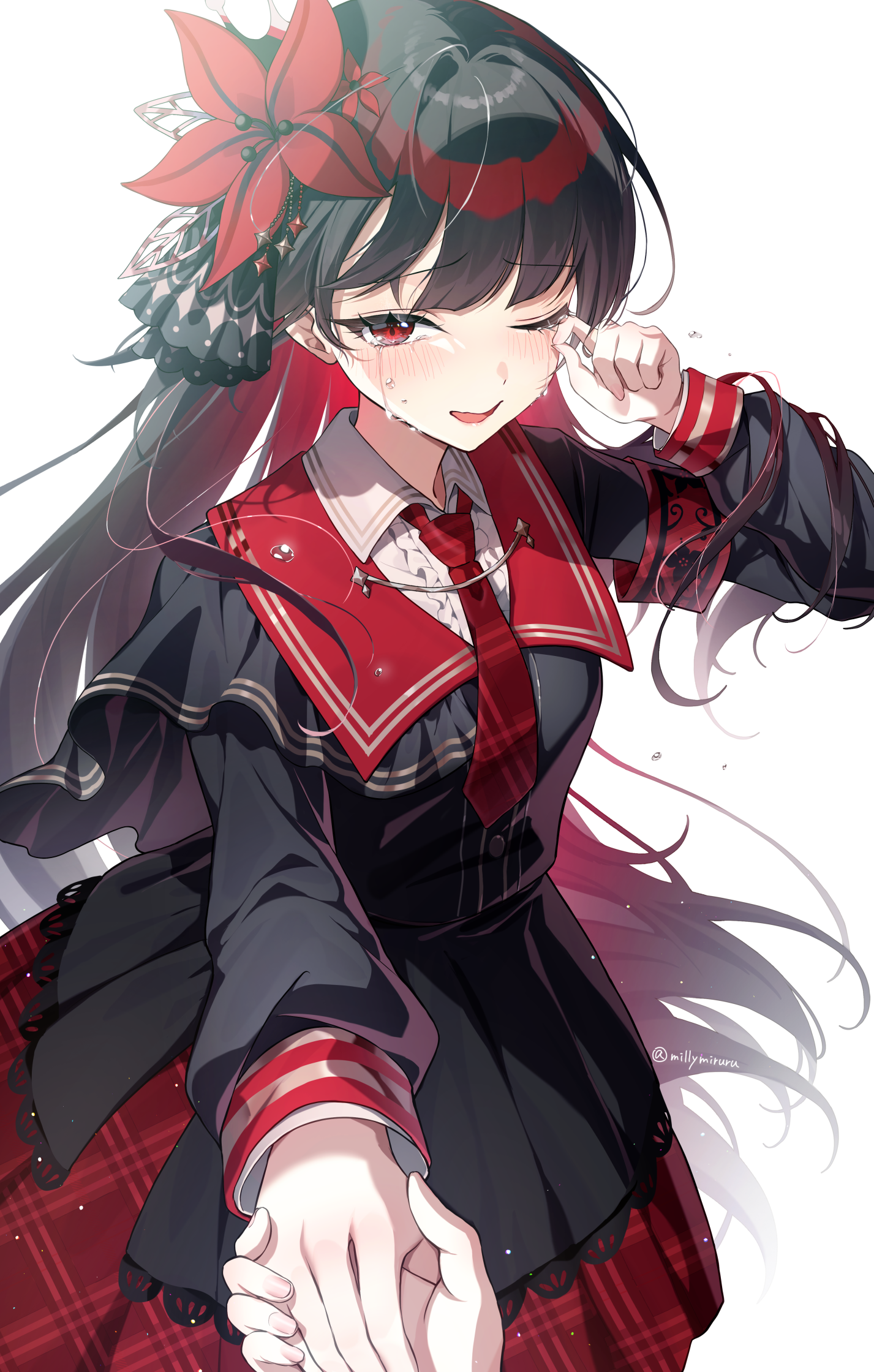 maruta (shummylass), nikaidou hiro, mahou shoujo no majo saiban, highres, 1girl, black hair, black jacket, jacket, long hair, looking at viewer, necktie, one eye closed, red eyes, red necktie, shirt, simple background, tears, white background, white shirt