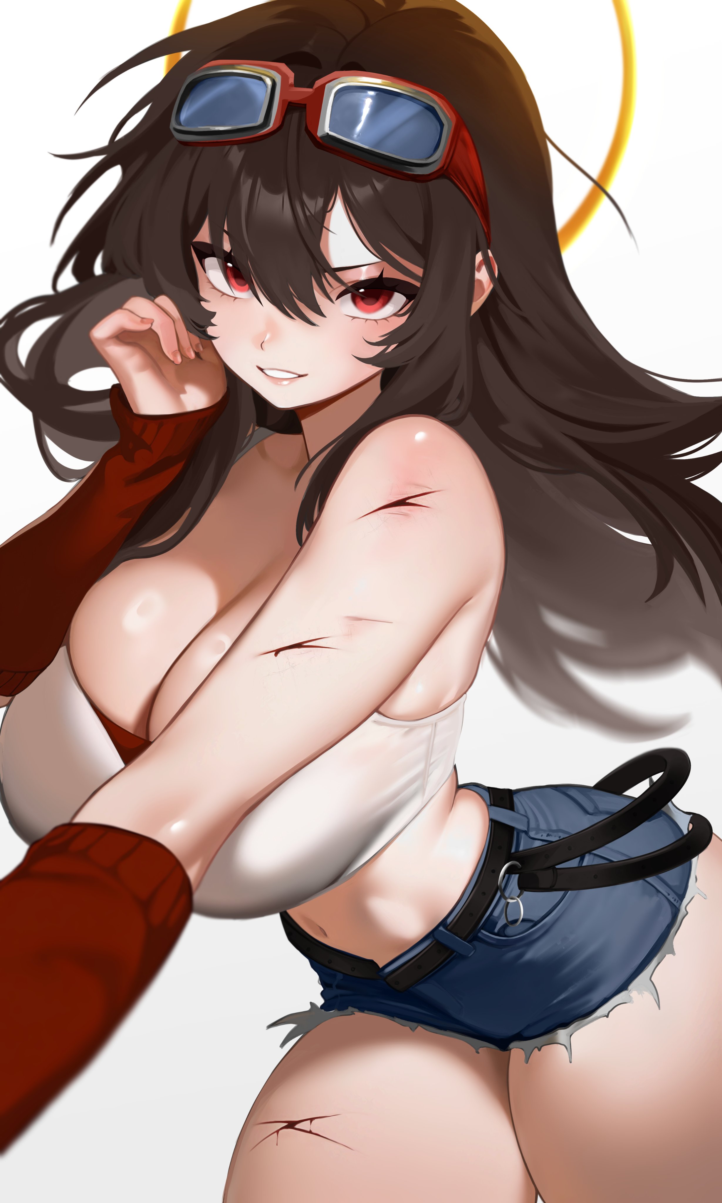 me o wy, original, absurdres, commentary, commission, highres, 1girl, arm warmers, belt, black belt, blood, blue shorts, breasts, brown hair, cleavage, cowboy shot, crop top, cutoffs, denim, denim shorts, floating hair, goggles, goggles on head, grin, hair between eyes, halo, hand up, huge breasts, leaning forward, long hair, looking at viewer, midriff, navel, red arm warmers, red eyes, scratches, shiny skin, shirt, short shorts, shorts, simple background, skindentation, sleeveless, sleeveless shirt, smile, solo, standing, traditional halo, very long hair, white background, white shirt, yellow halo