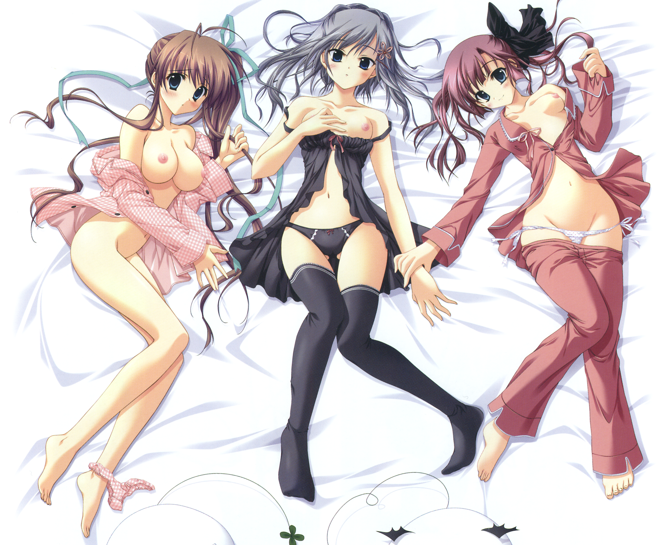 highres, tagme, barefoot, bed, blush, breasts, panties, thighhighs, underwear