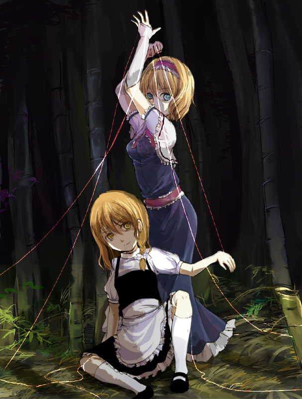 mathnote, alice margatroid, kirisame marisa, touhou, 2girls, blonde hair, blue eyes, braid, female focus, hairband, multiple girls, string, yellow eyes