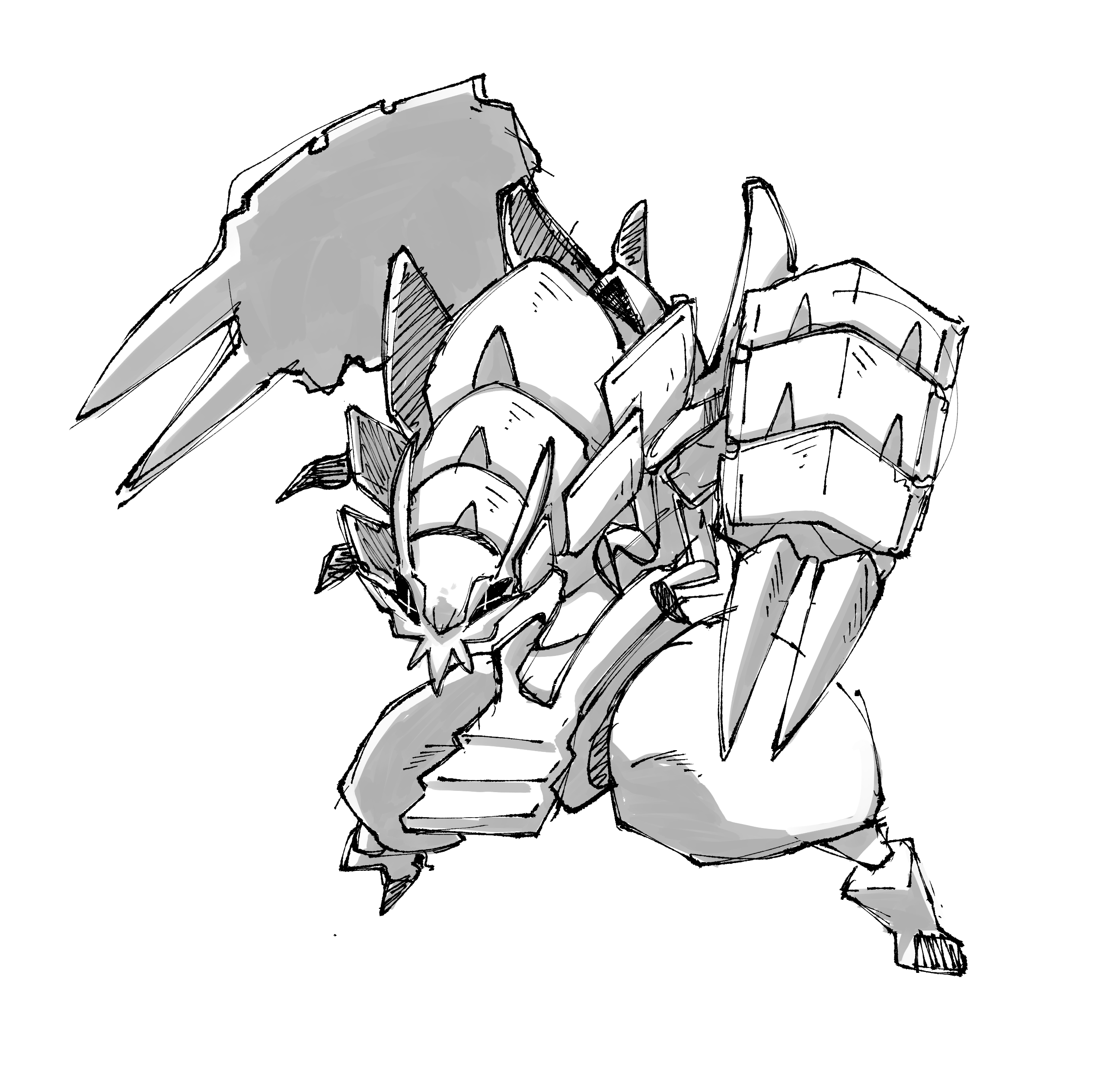 pr quote, golisopod, nintendo, pokemon, absurdres, commentary, english commentary, highres, claws, full body, gen 7 pokemon, monochrome, no humans, pokemon (creature), pokemon focus, simple background, solo