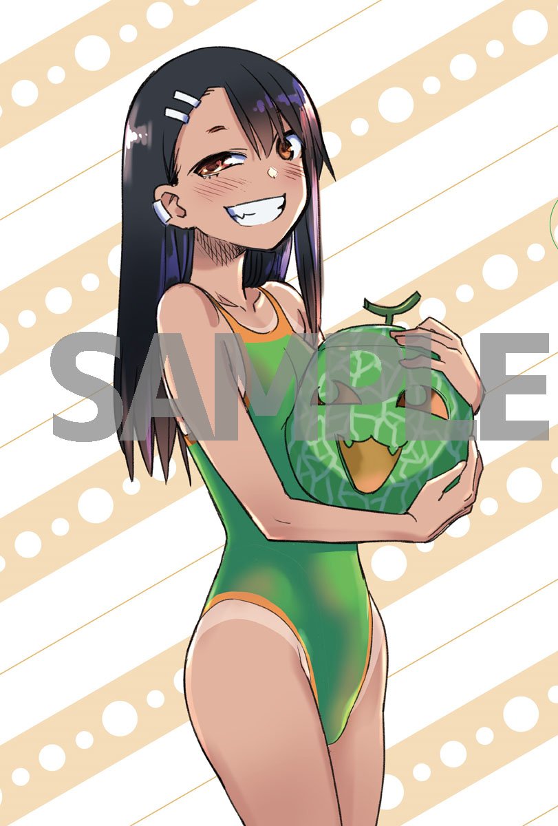 774 (nanashi), nagatoro hayase, ijiranaide nagatoro-san, check commentary, commentary, commentary request, highres, 1girl, :d, black hair, breasts, brown eyes, earrings, food, fruit, green one-piece swimsuit, grin, holding, holding food, jewelry, long hair, melon, one-piece swimsuit, one-piece tan, open mouth, sample watermark, single earring, small breasts, smile, solo, swimsuit, tan, tanline, teeth, watermark