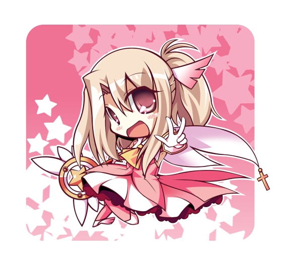 take tonbo, illyasviel von einzbern, kaleidostick, prisma illya, fate/kaleid liner prisma illya, fate/stay night, fate (series), silver hair, 00s, 1girl, boots, chibi, dress, feather hair ornament, feathers, female focus, hair ornament, long hair, magical girl, pink boots, pink dress, pink eyes, solo, star (symbol)
