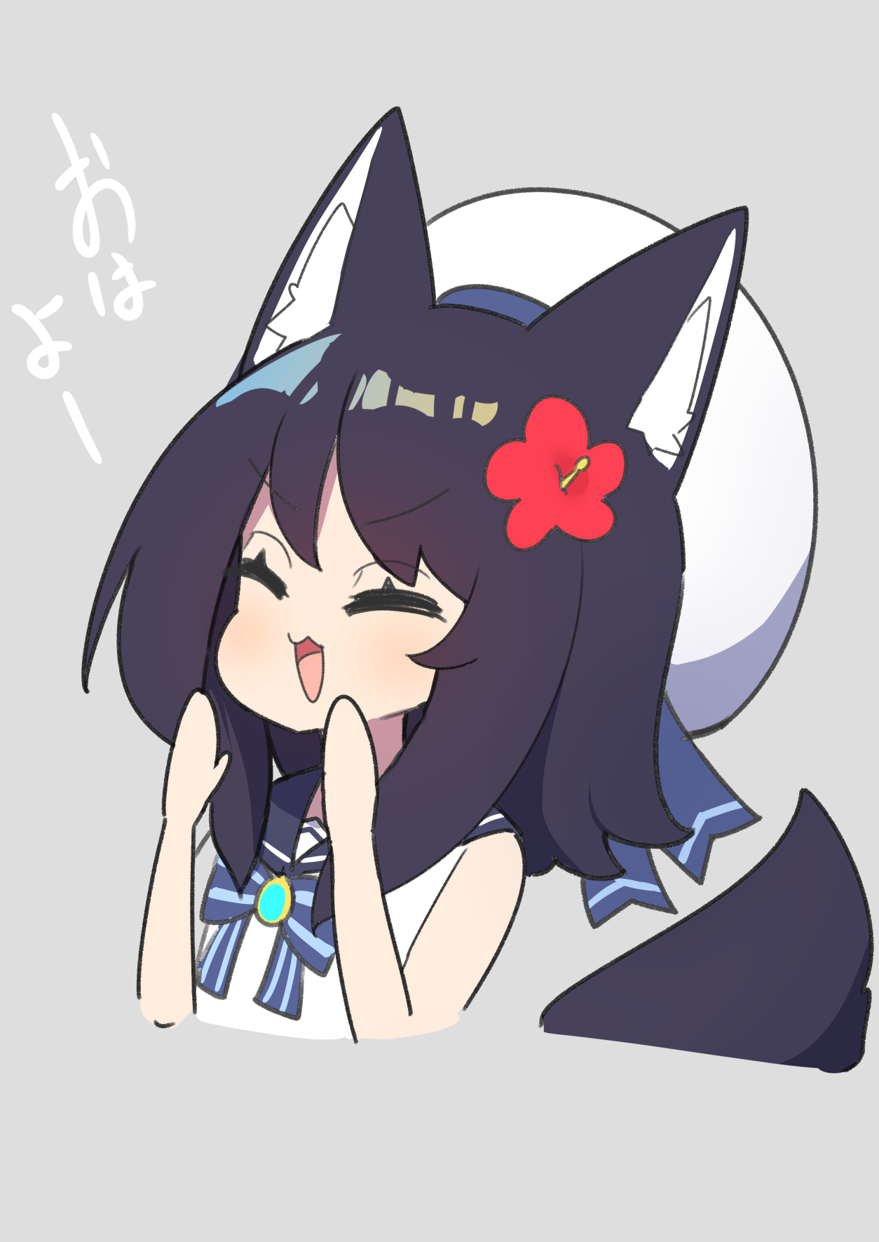 saisoku no yukkuri, original, commentary, highres, translated, 1girl, :d, ^ ^, animal ear fluff, animal ears, beret, black hair, black sailor collar, blush, bow, brooch, chibi, closed eyes, cropped torso, flower, fox ears, fox girl, fox tail, grey background, hair flower, hair ornament, hands up, hat, hibiscus, jewelry, open mouth, red flower, sailor collar, shirt, simple background, sleeveless, sleeveless shirt, smile, solo, striped bow, tail, upper body, white hat, white shirt