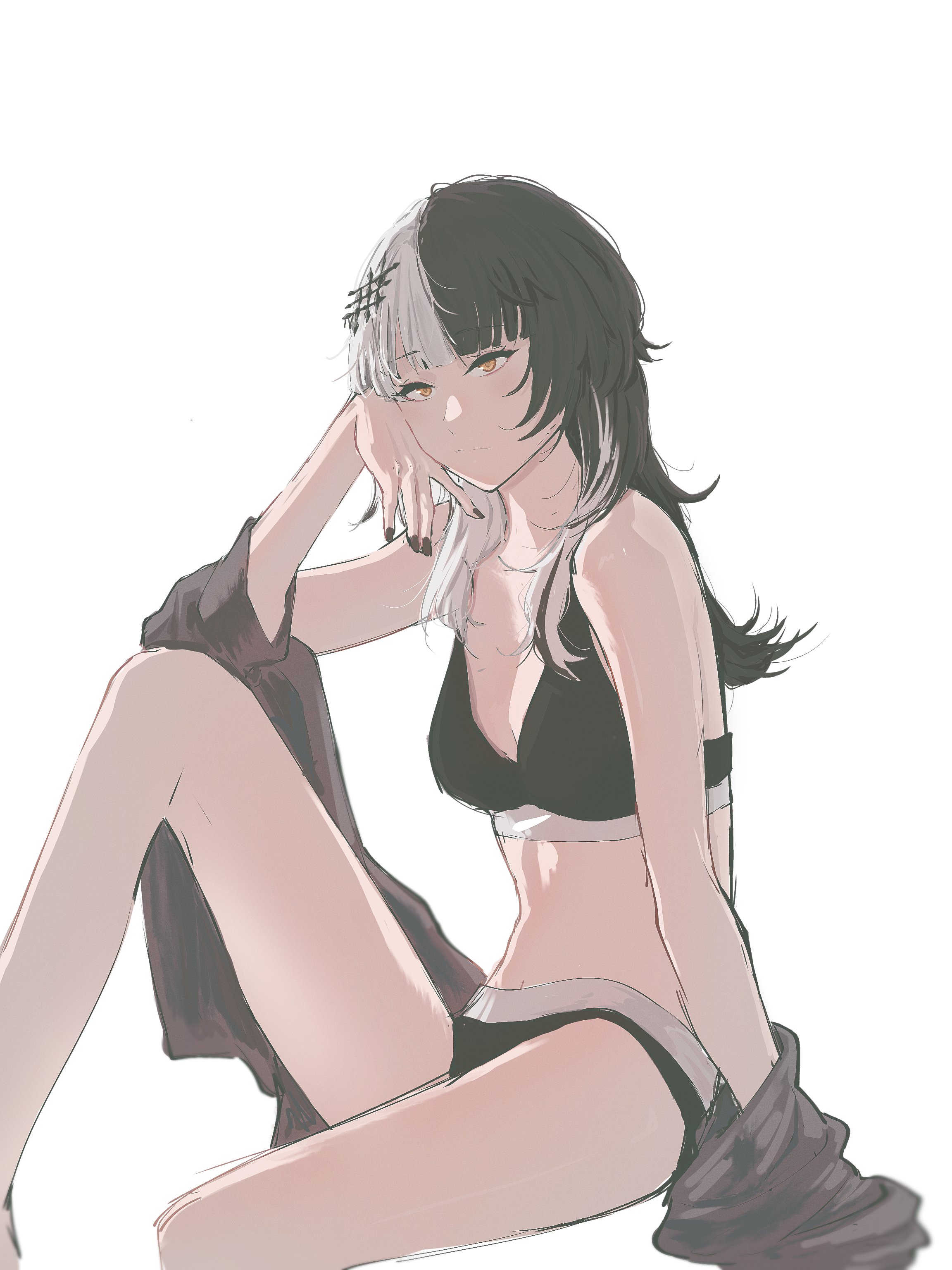 shiori novella, hololive, hololive english, absurdres, highres, 1girl, black hair, black nails, black panties, black sports bra, breasts, closed mouth, grey hair, knee up, long hair, marii (mmmmmarii ), medium breasts, multicolored hair, panties, simple background, sitting, solo, split-color hair, sports bra, two-tone hair, underwear, virtual youtuber, white background, yellow eyes