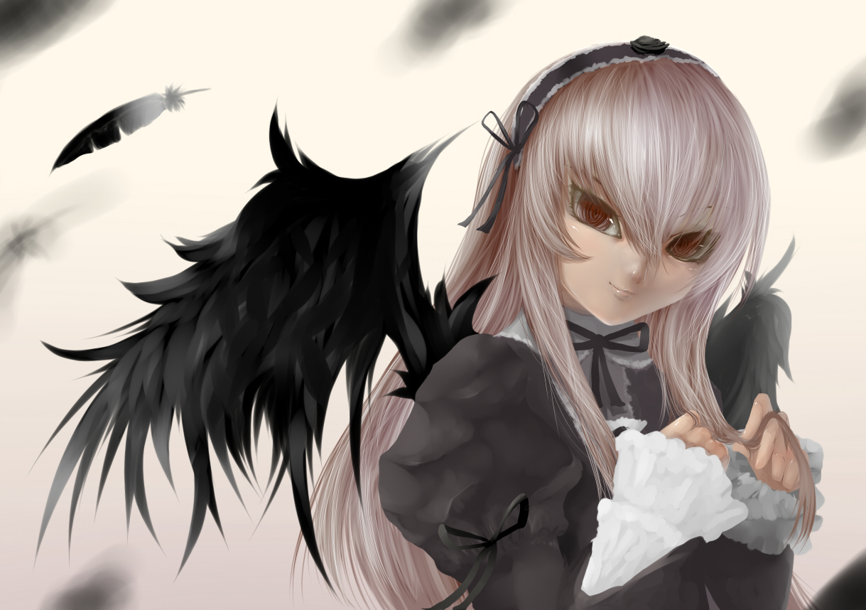 maruki, maruki (nanana), suigintou, rozen maiden, bad id, bad pixiv id, 00s, 1girl, feathers, female focus, long hair, solo, wings