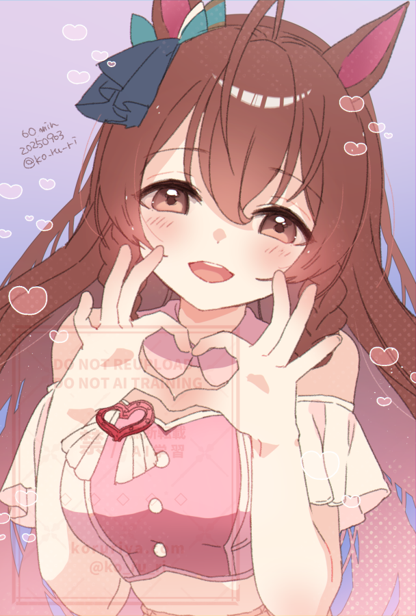 koruri, mejiro bright (umamusume), umamusume, commentary request, 1girl, :d, ahoge, animal ears, bare shoulders, blue bow, blush, bow, braid, breasts, brown eyes, brown hair, dated, ear bow, hair between eyes, hands up, head tilt, heart, heart hands, horse ears, long hair, looking at viewer, medium breasts, meni shuki rush-sshu!, one-hour drawing challenge, open mouth, purple background, smile, solo, twin braids, twitter username, very long hair, watermark