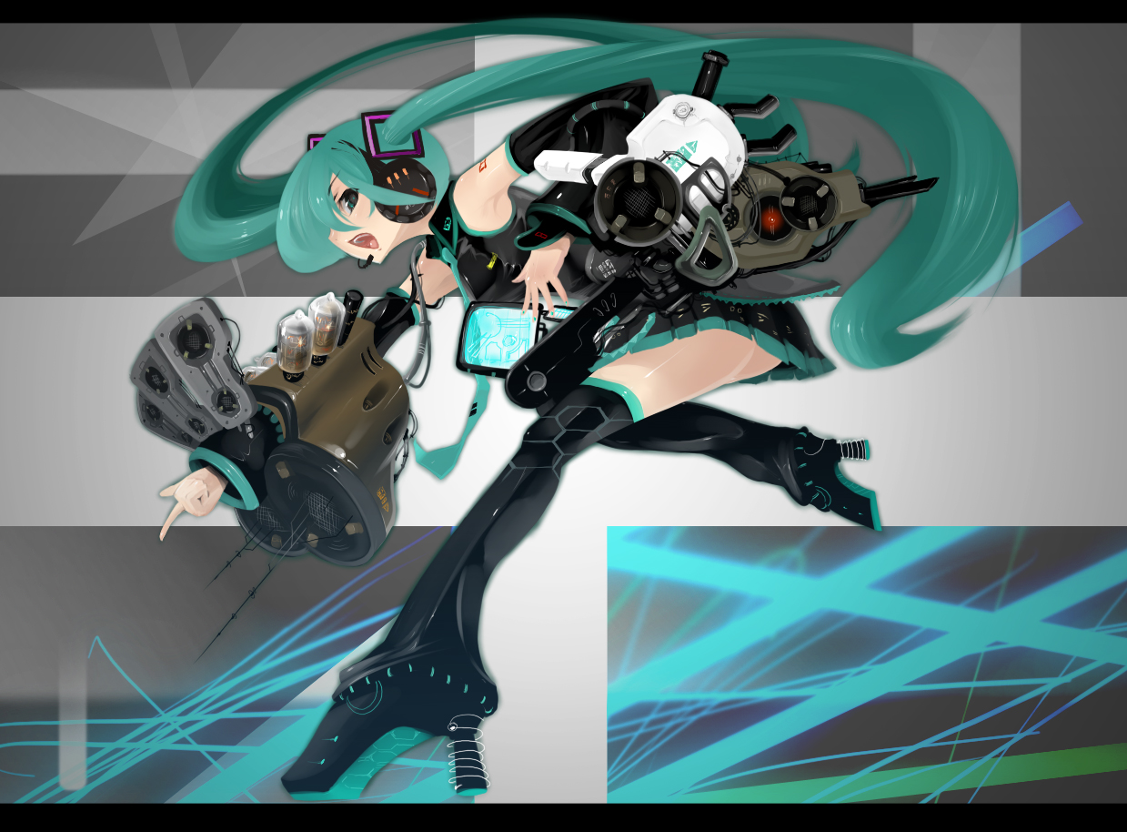 maruki, maruki (nanana), hatsune miku, vocaloid, bad id, bad pixiv id, 1girl, female focus, green eyes, green hair, headphones, letterboxed, long hair, matching hair/eyes, microphone, skirt, solo, thighhighs, twintails, zettai ryouiki