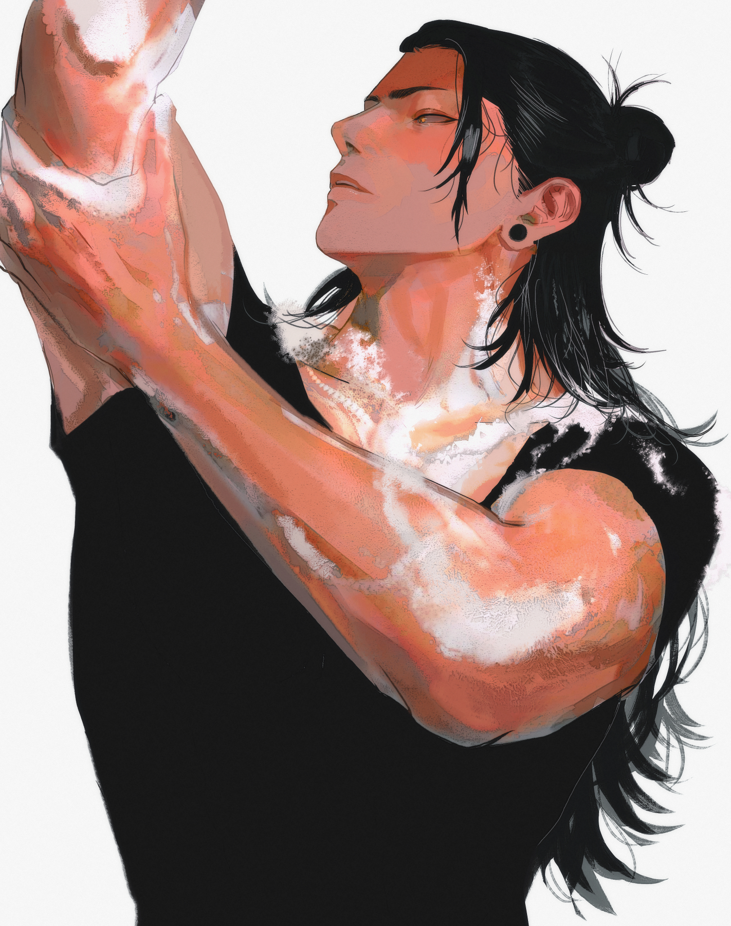 ogata69, getou suguru, jujutsu kaisen, commentary, highres, photo-referenced, symbol-only commentary, 1boy, black hair, black shirt, hair bun, lips, long hair, male focus, nose, plug (piercing), shirt, simple background, soap bubbles, solo, upper body, white background